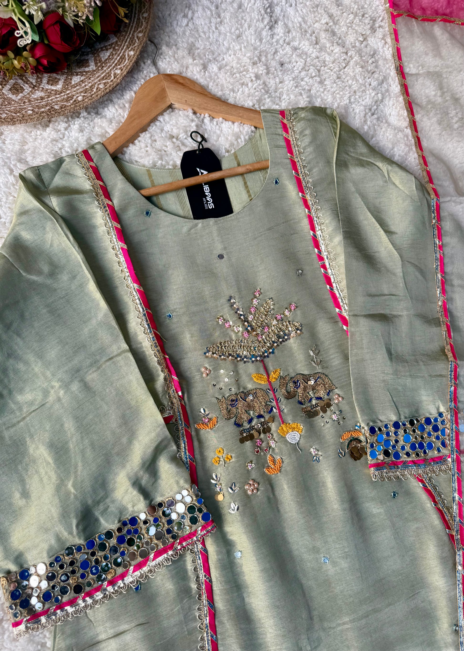 “Zara” Trending Mul Premium Mul Chanderi A Line Suit Set in Olive Green