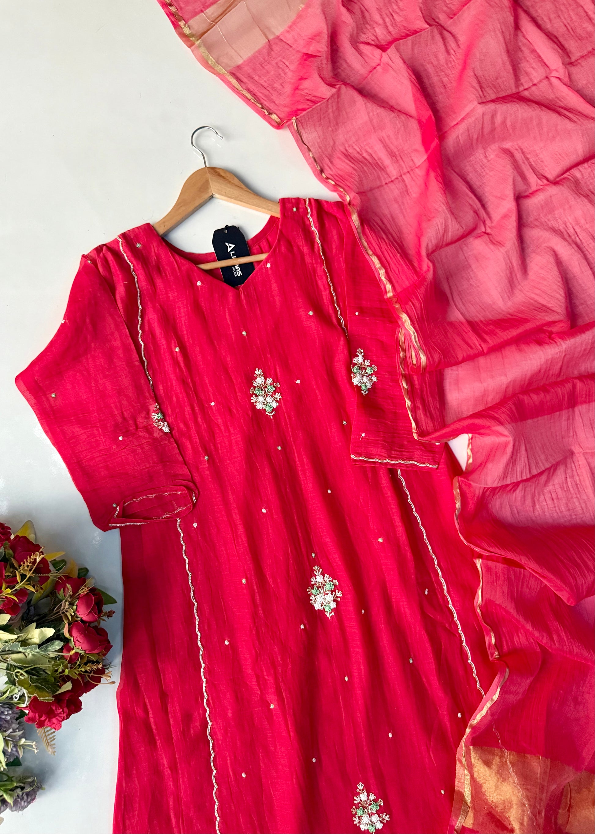 “Myra” Red Mul Chanderi A-Line Anarkali Kurta set
