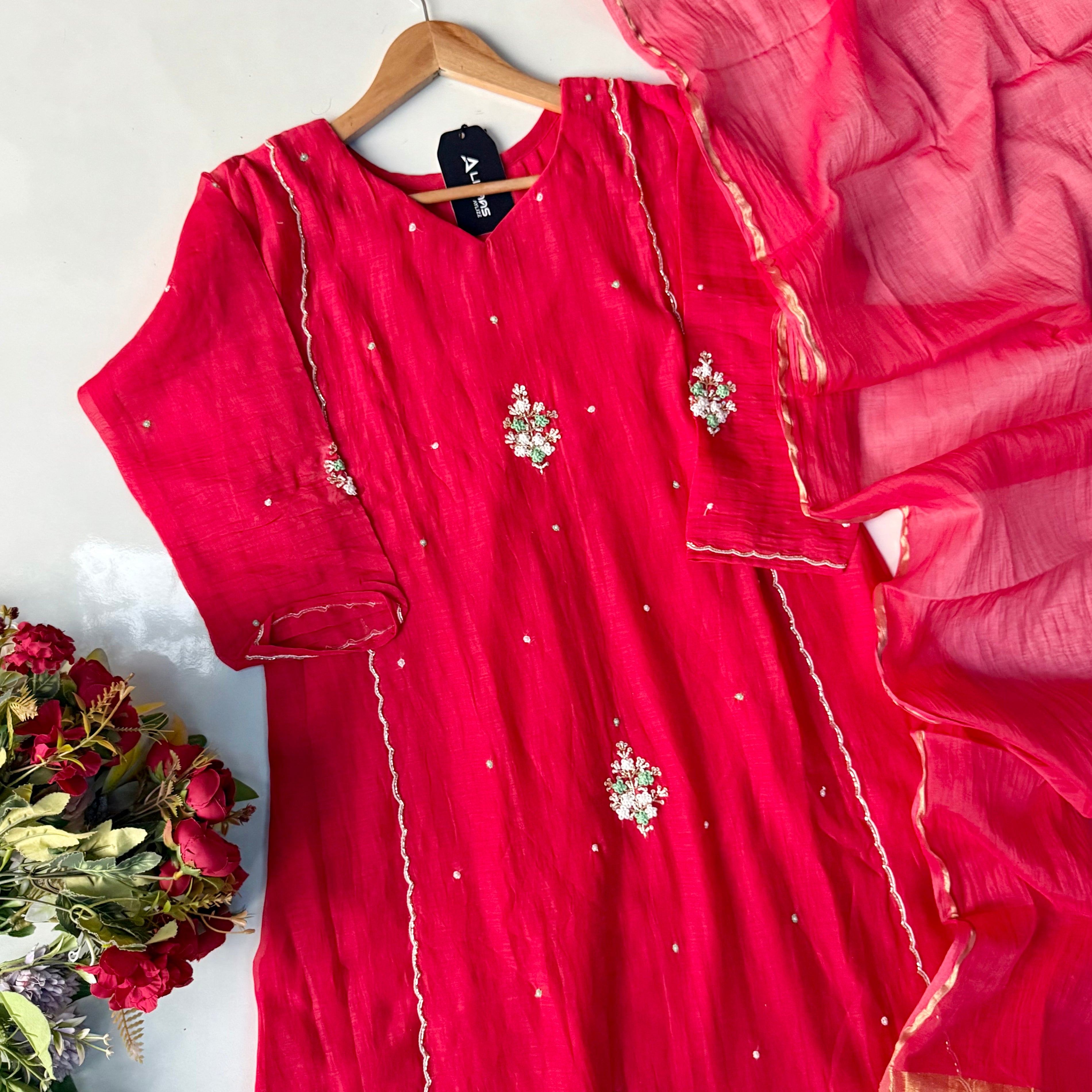 “Myra” Red Mul Chanderi A-Line Anarkali Kurta set