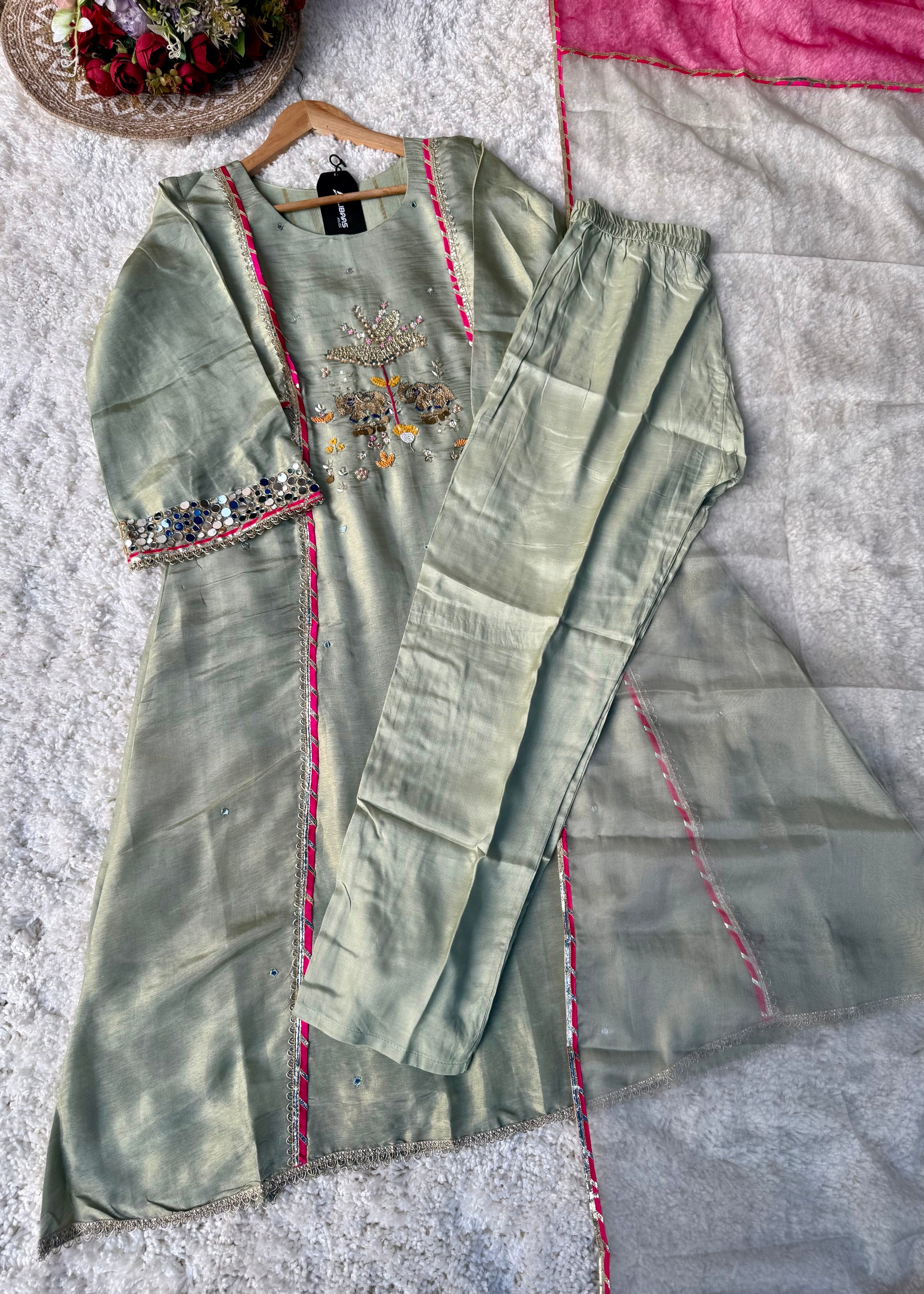 “Zara” Trending Mul Premium Mul Chanderi A Line Suit Set in Olive Green