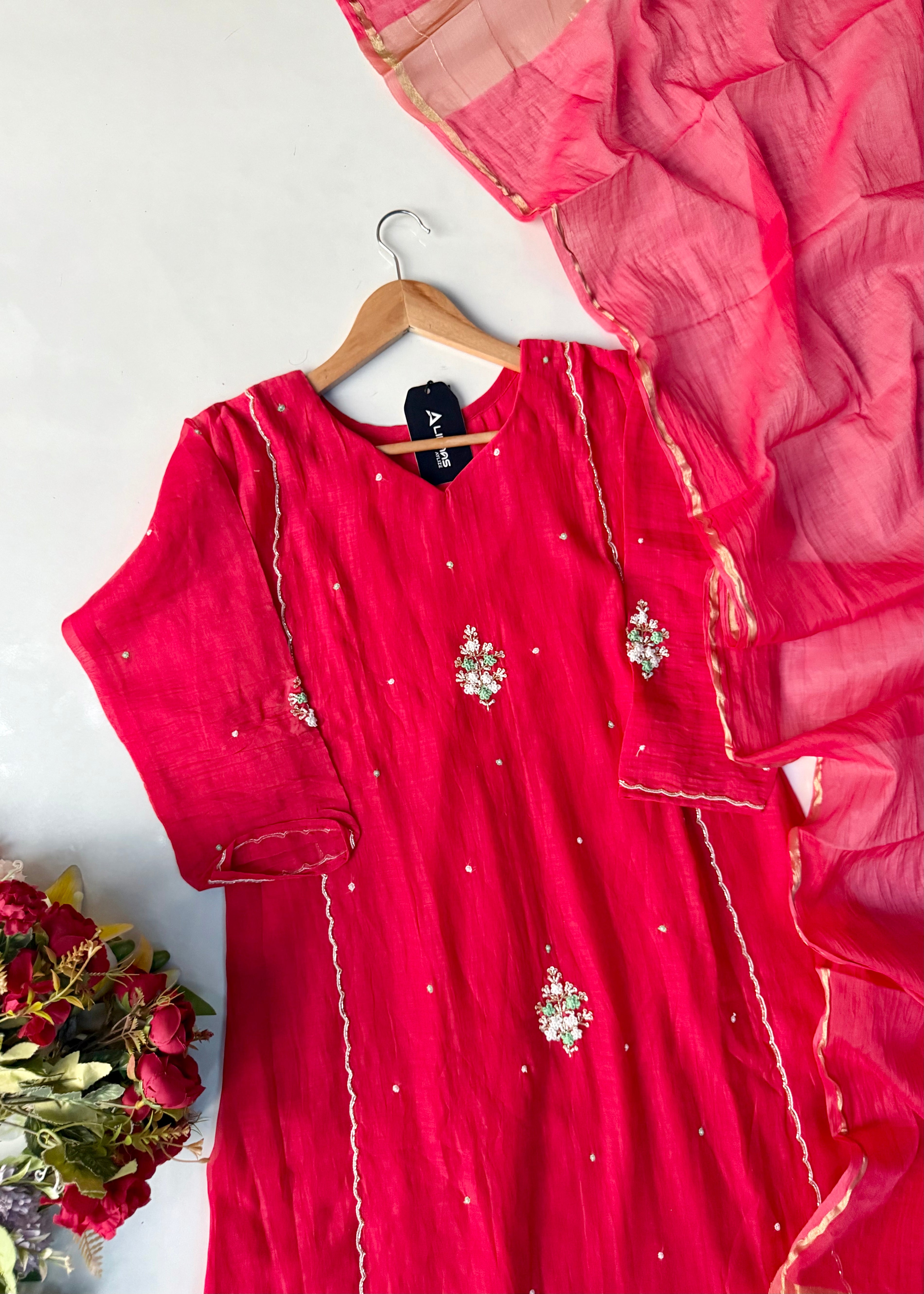 “Myra” Red Mul Chanderi A-Line Anarkali Kurta set