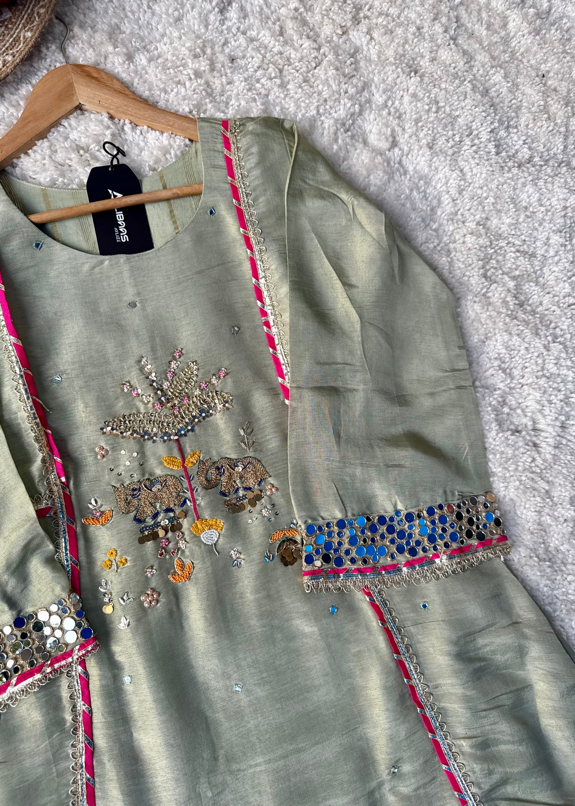 “Zara” Trending Mul Premium Mul Chanderi A Line Suit Set in Olive Green