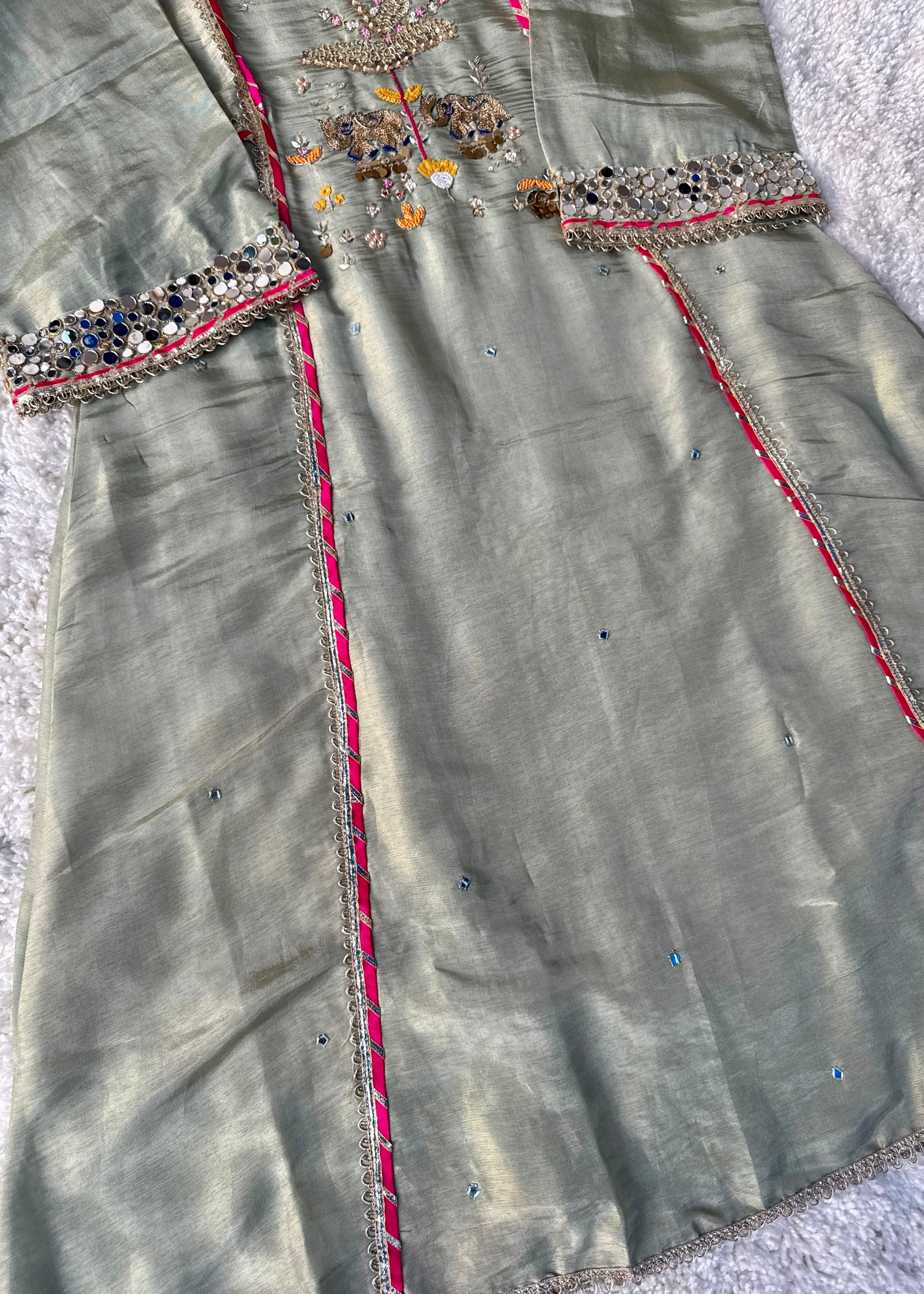 “Zara” Trending Mul Premium Mul Chanderi A Line Suit Set in Olive Green