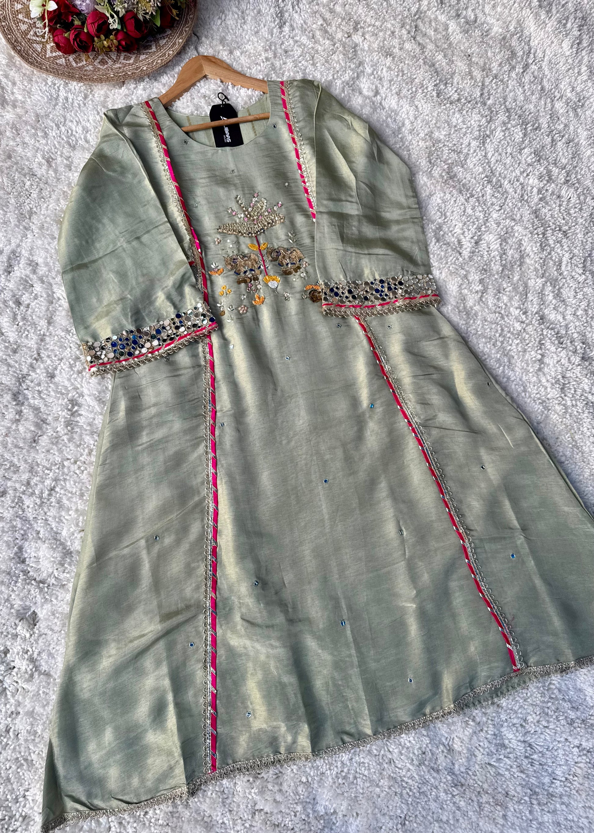 “Zara” Trending Mul Premium Mul Chanderi A Line Suit Set in Olive Green