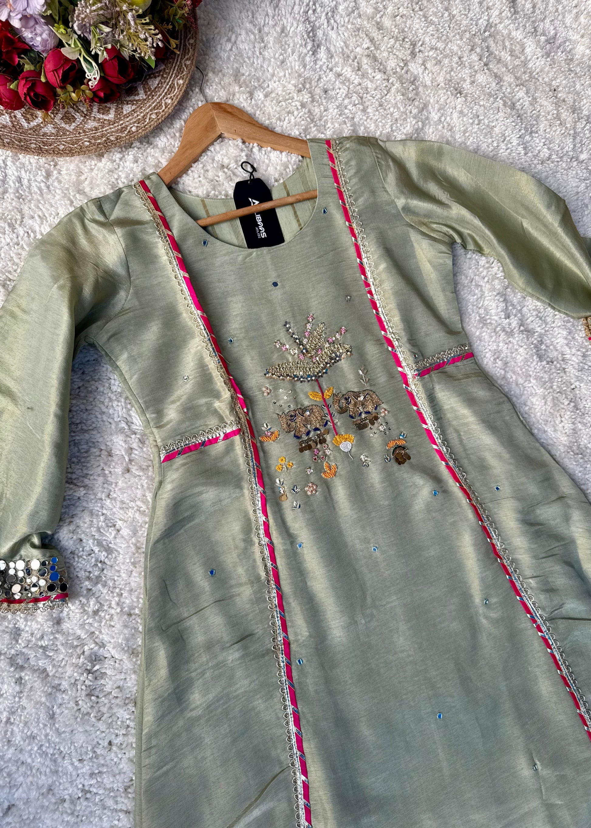 “Zara” Trending Mul Premium Mul Chanderi A Line Suit Set in Olive Green