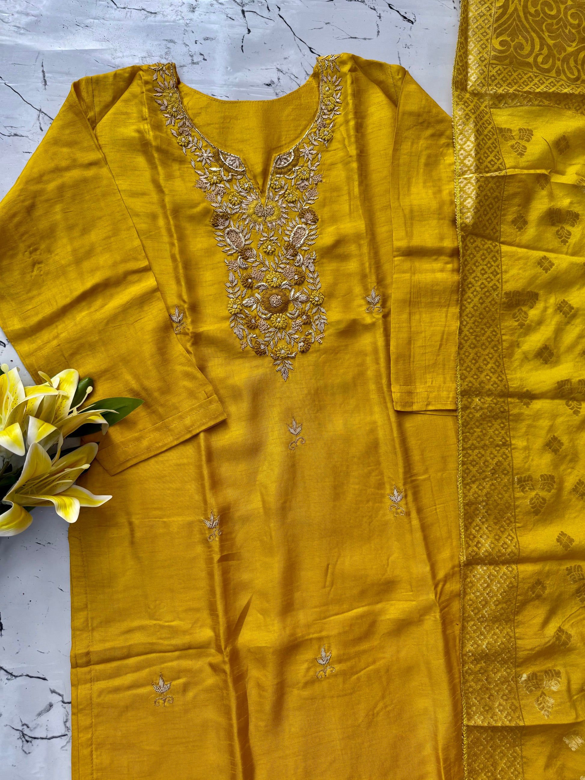 "Nadia" Mustard yellow dola silk kurta set