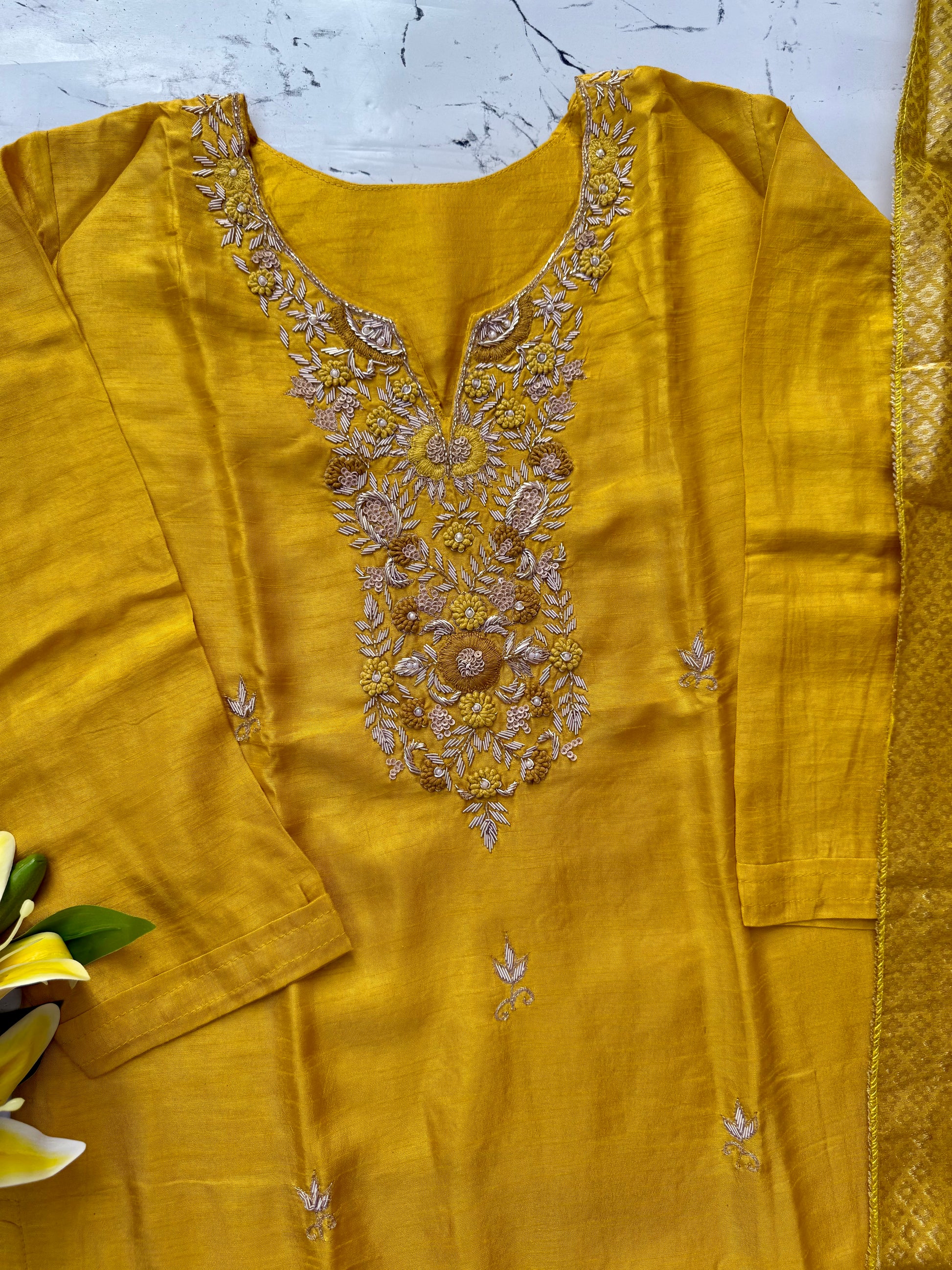"Nadia" Mustard yellow dola silk kurta set