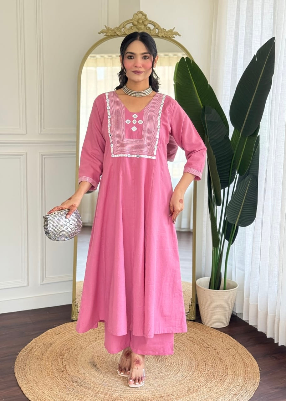 “IRYA" Premium Mirror work cotton A line kurta set
