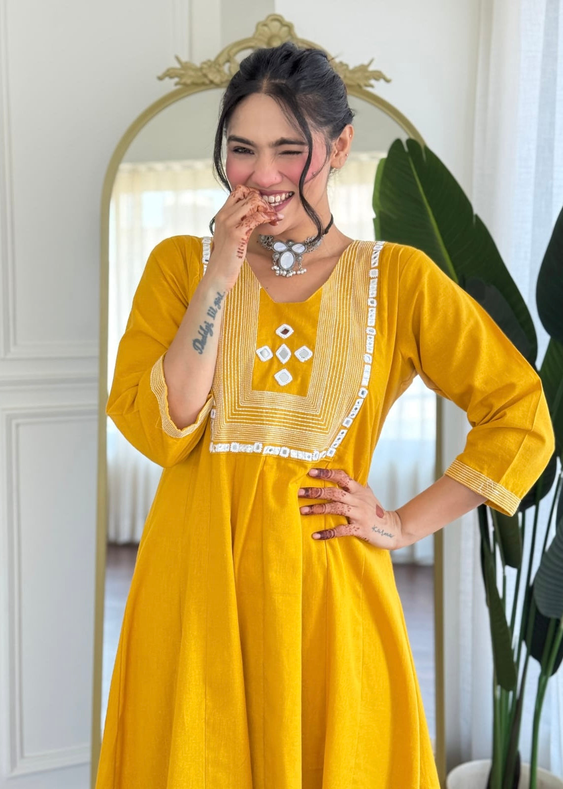 “IRYA" Premium Mirror work cotton A line kurta set