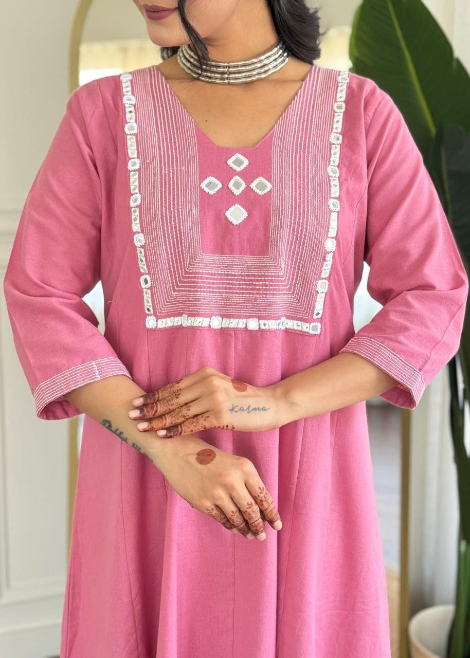 “IRYA" Premium Mirror work cotton A line kurta set