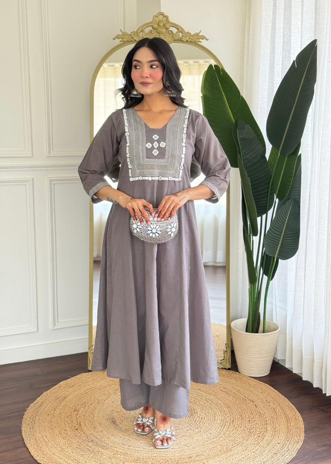 “IRYA" Premium Mirror work cotton A line kurta set