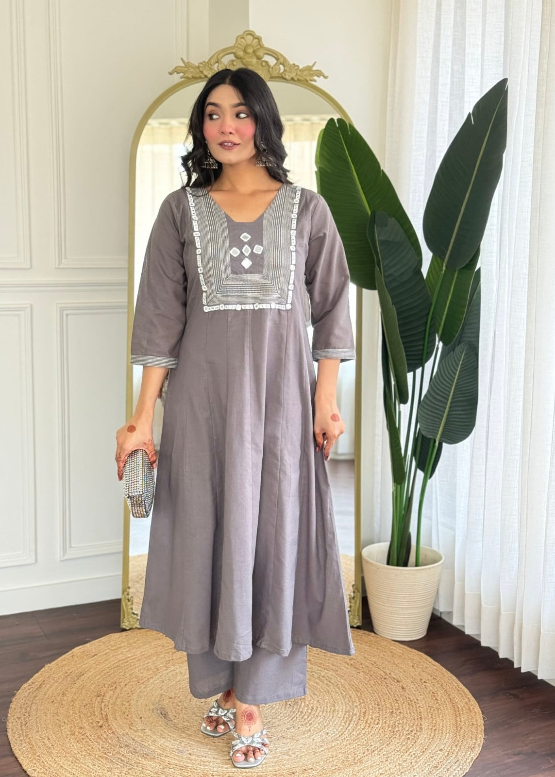 “IRYA" Premium Mirror work cotton A line kurta set