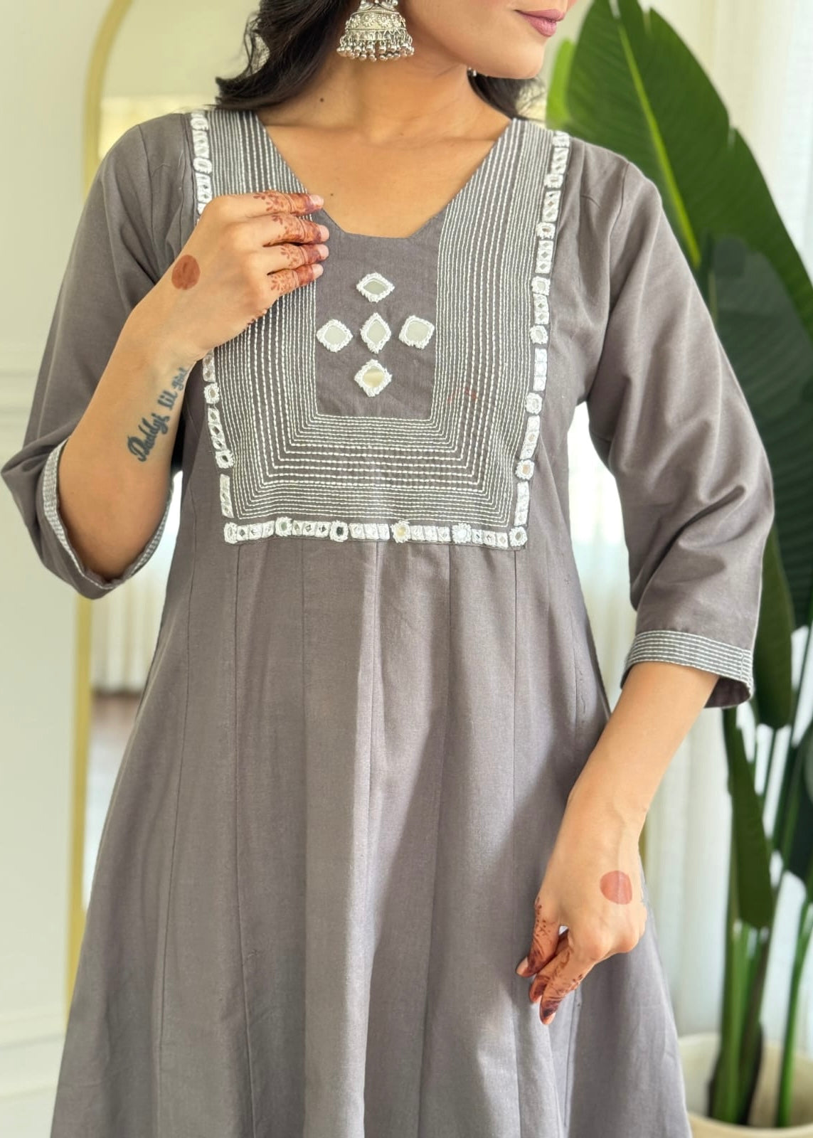 “IRYA" Premium Mirror work cotton A line kurta set