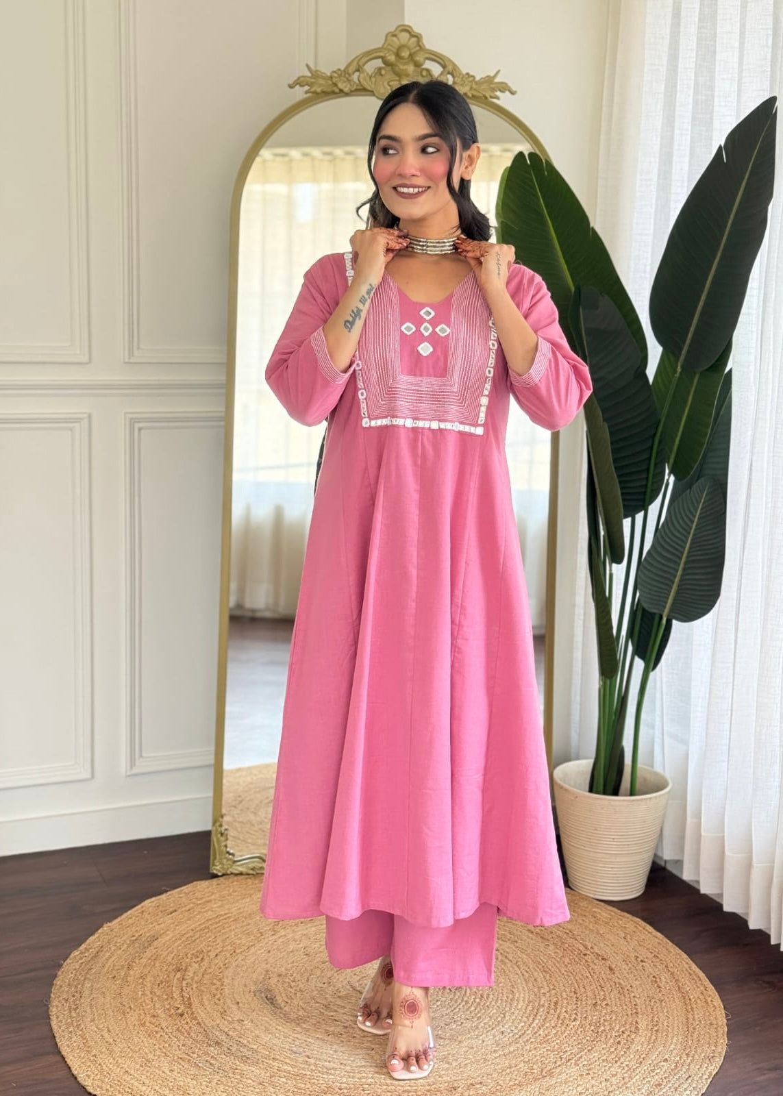 “IRYA" Premium Mirror work cotton A line kurta set