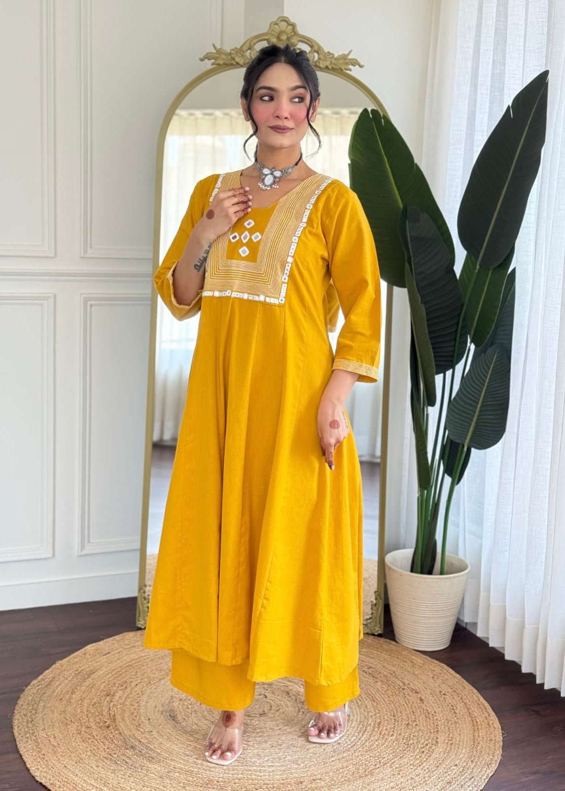 “IRYA" Premium Mirror work cotton A line kurta set