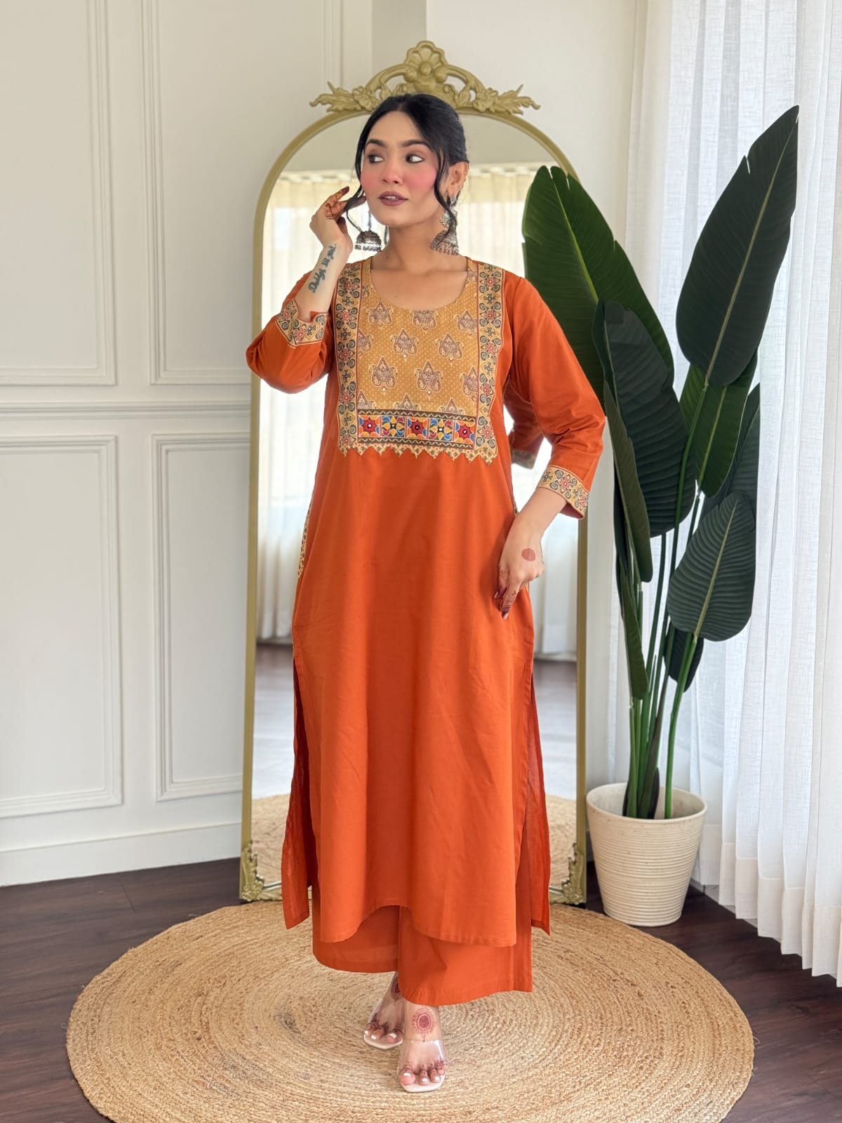 “FARIDA" Mul cotton embroidered kurta palazzo set