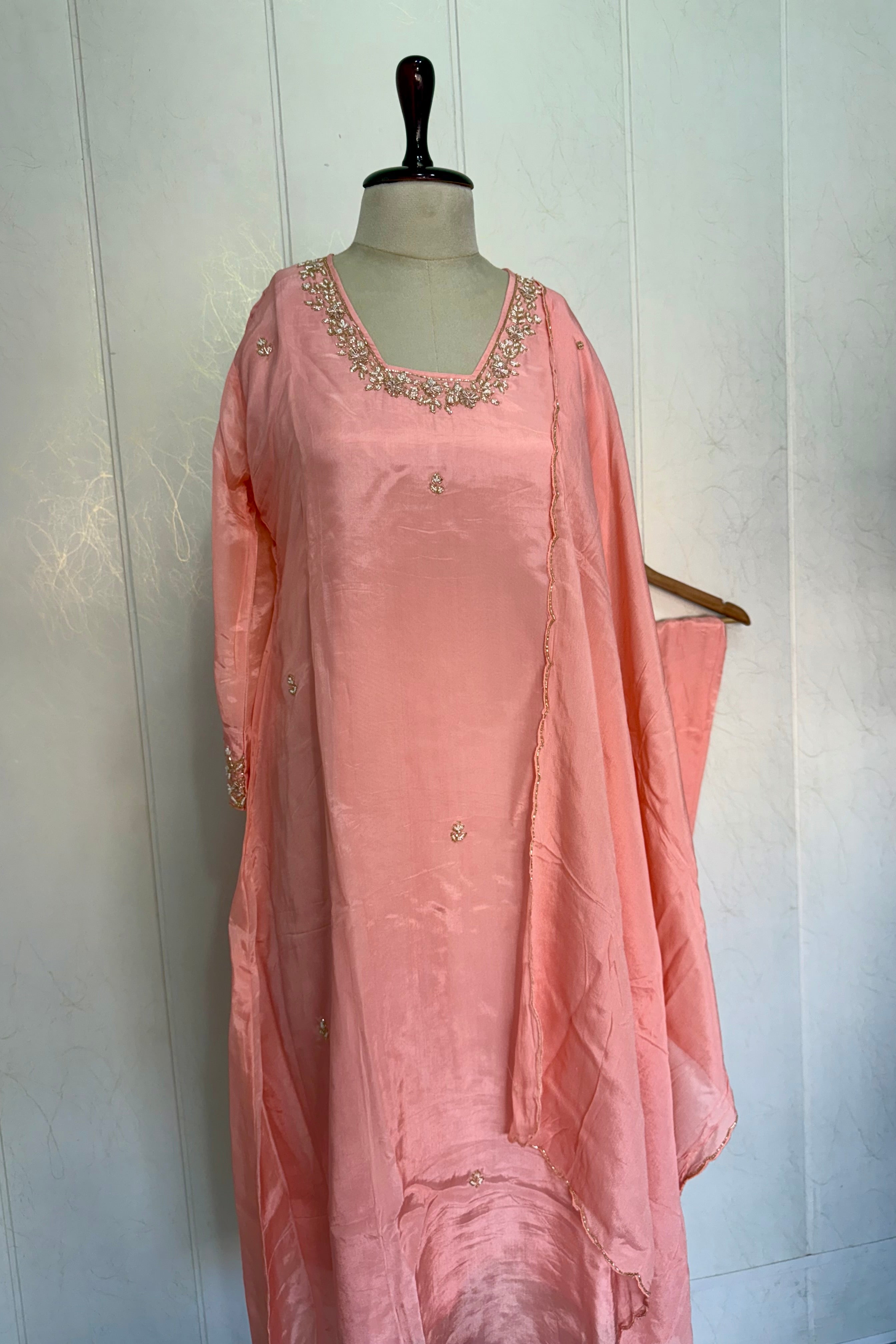 “Inayat” Premium Chinnon handcrafted A- Line  kurta set