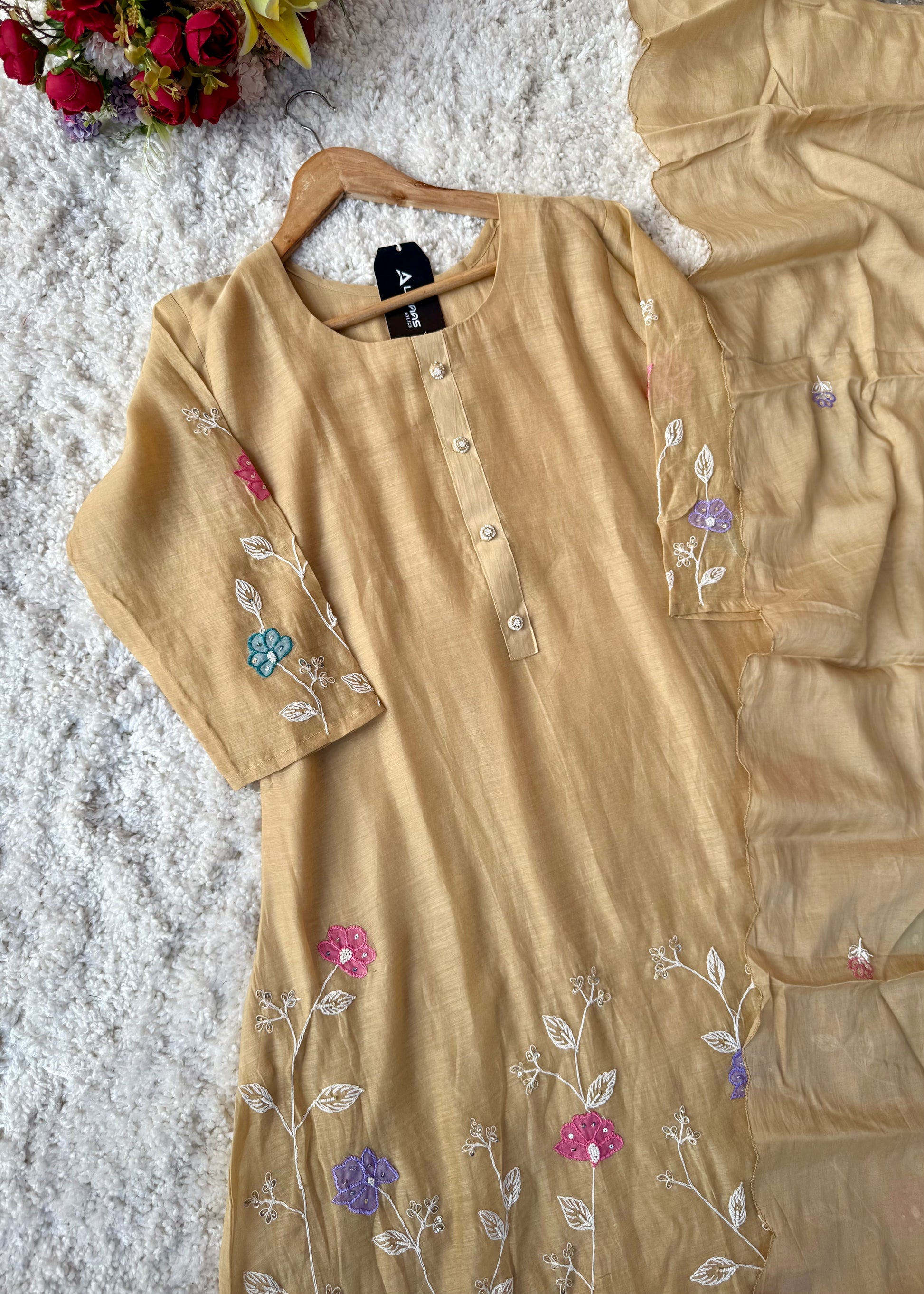 “Thread” Premium Beige Mul Chanderi A Line kurta set