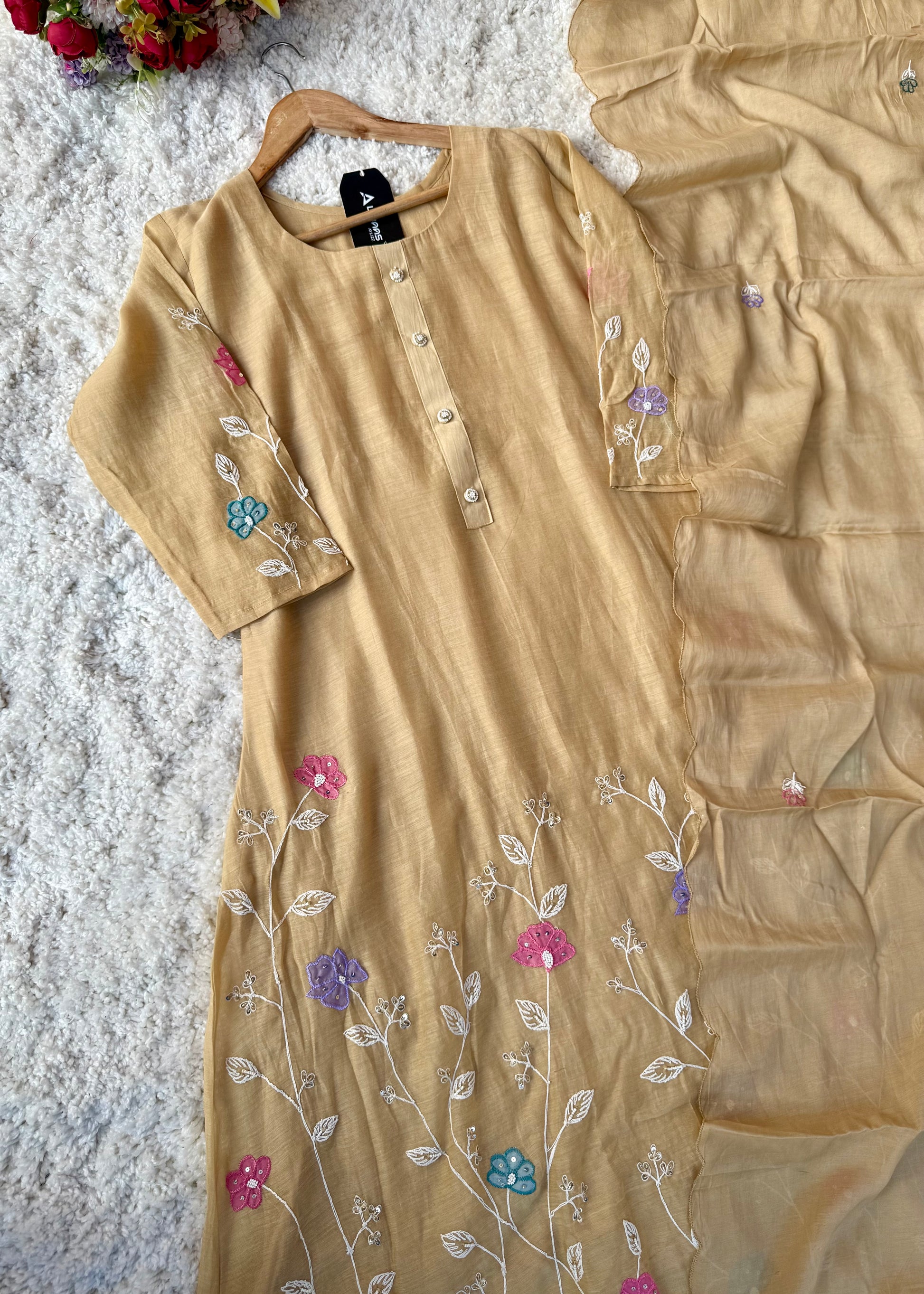 “Thread” Premium Beige Mul Chanderi A Line kurta set