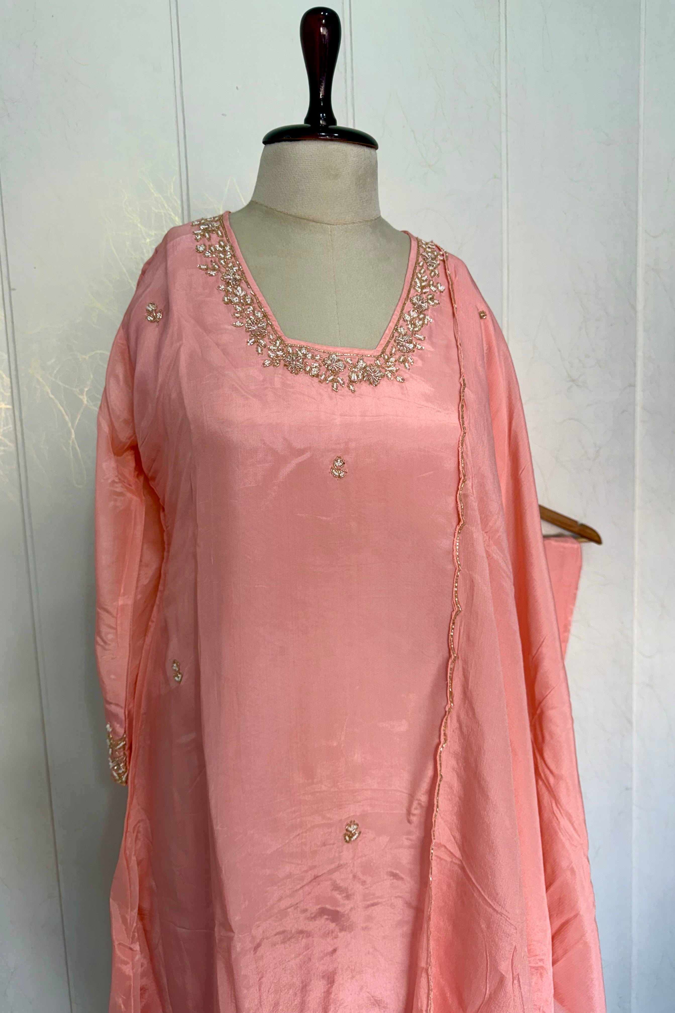 “Inayat” Premium Chinnon handcrafted A- Line  kurta set