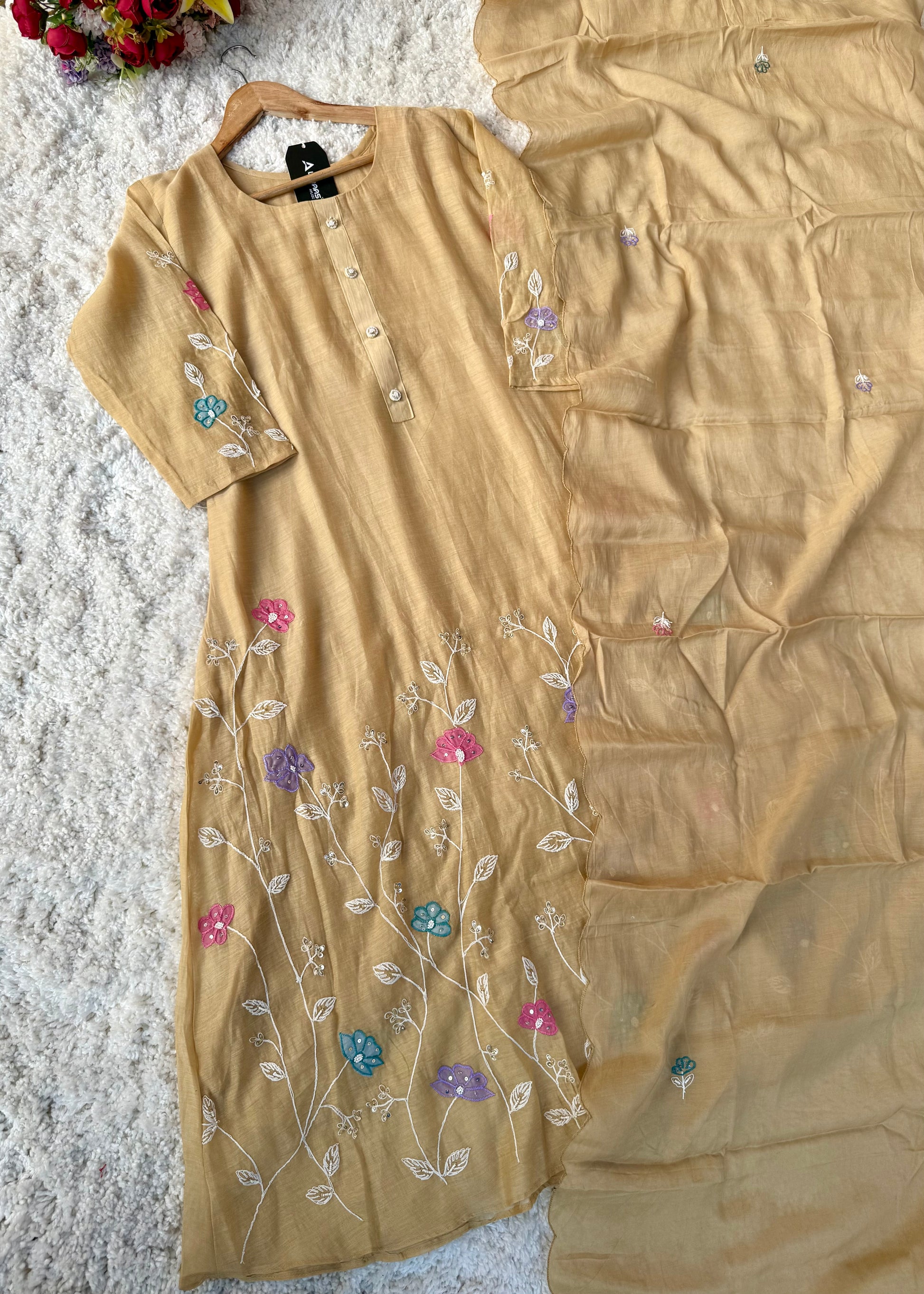 “Thread” Premium Beige Mul Chanderi A Line kurta set