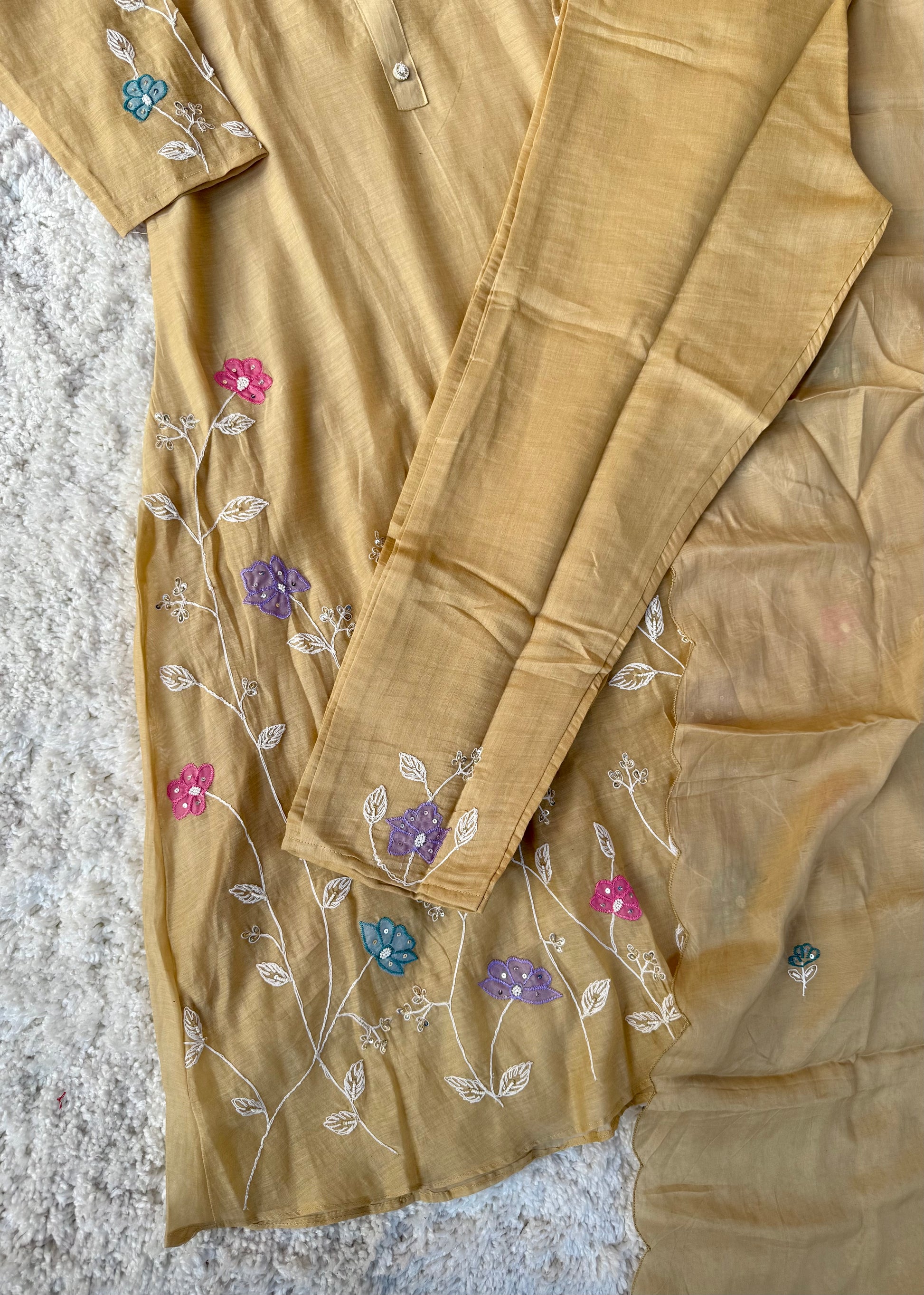 “Thread” Premium Beige Mul Chanderi A Line kurta set