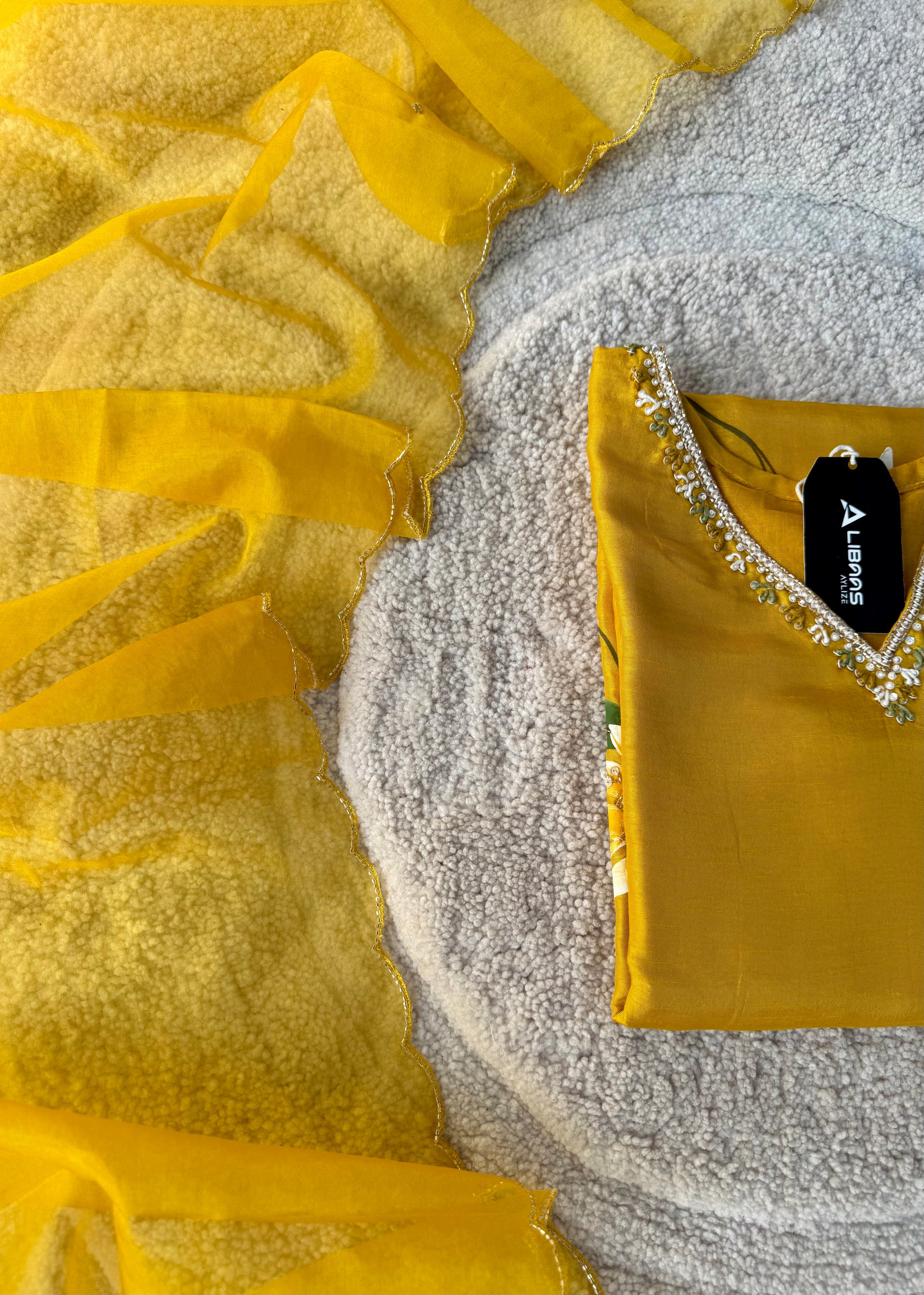 “Yeefa” Mustard Yellow dola silk hand print kurta set