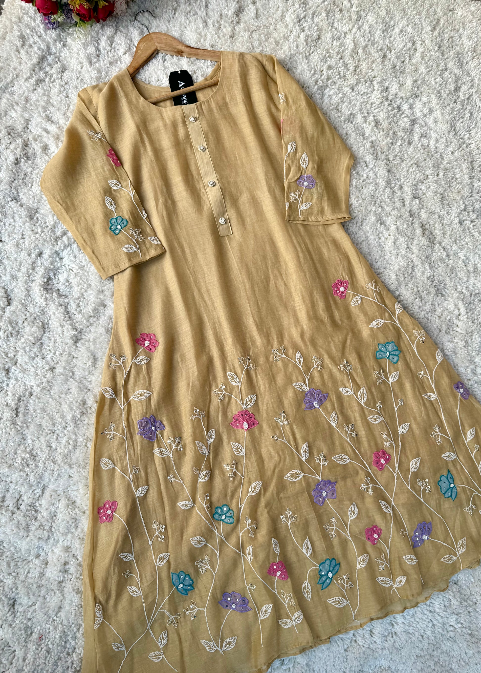 “Thread” Premium Beige Mul Chanderi A Line kurta set