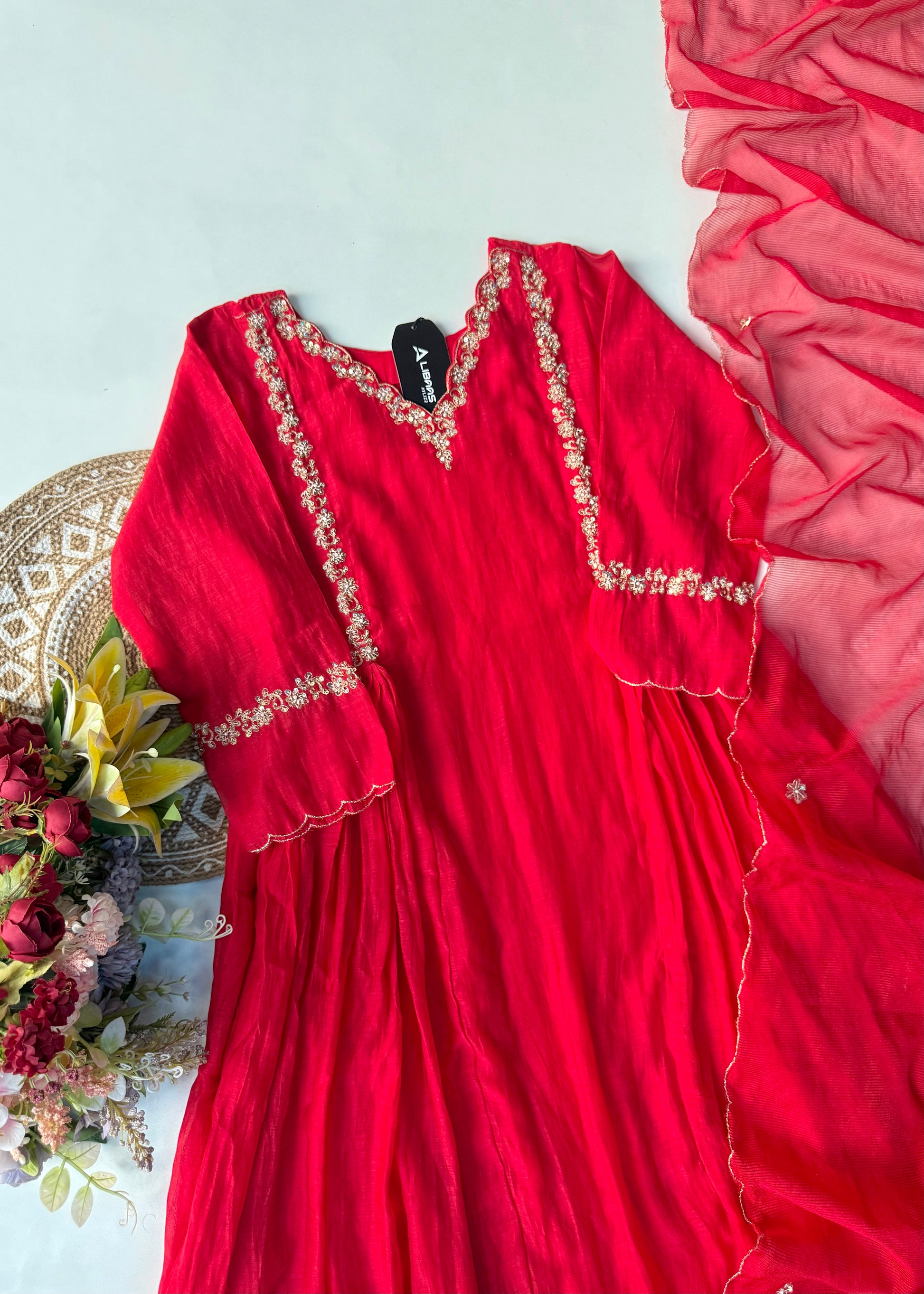 “Neha” karwa chauth Special Red Mul Chanderi Anarkali Kurta Set
