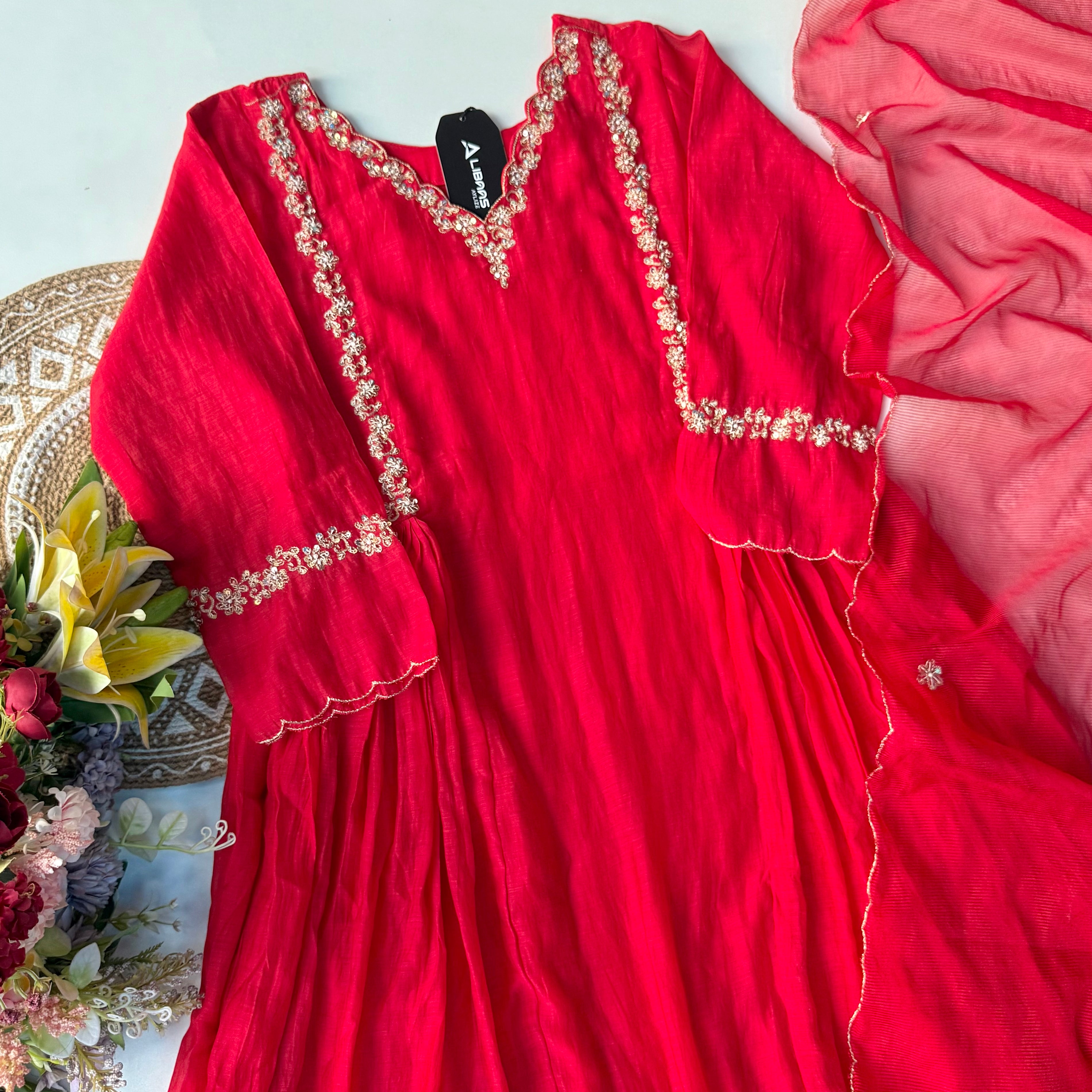 “Neha” karwa chauth Special Red Mul Chanderi Anarkali Kurta Set