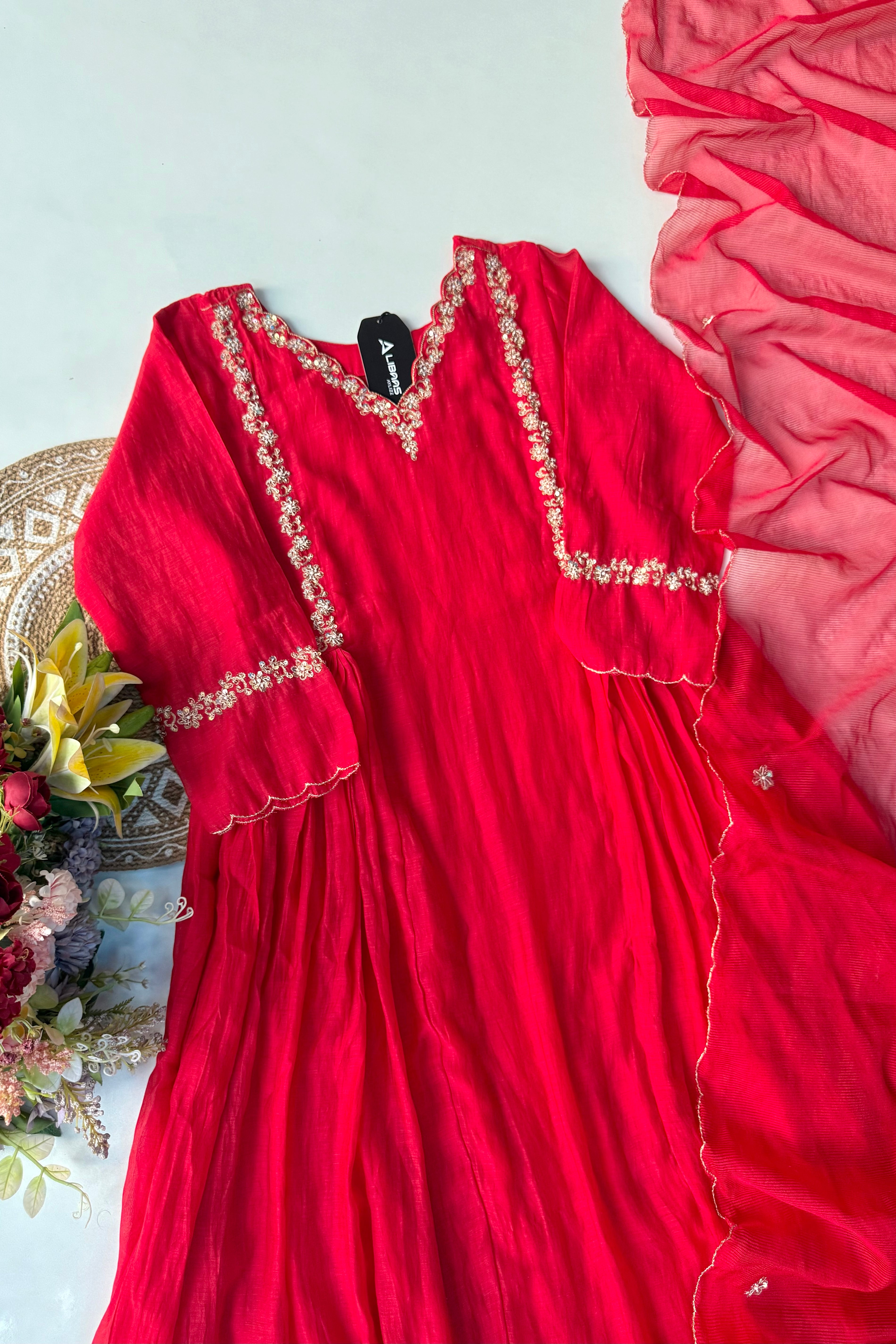 “Neha” karwa chauth Special Red Mul Chanderi Anarkali Kurta Set