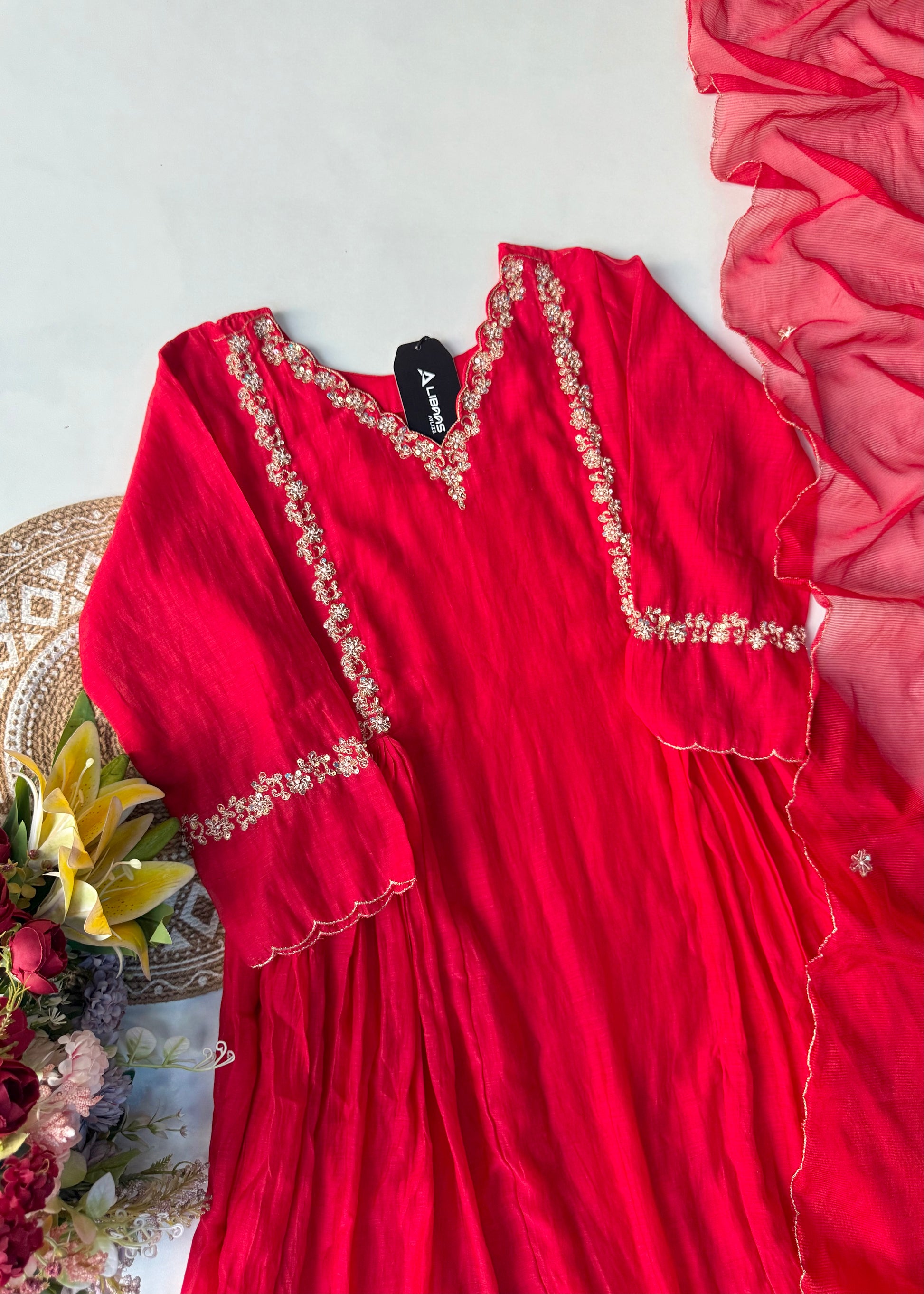 “Neha” karwa chauth Special Red Mul Chanderi Anarkali Kurta Set