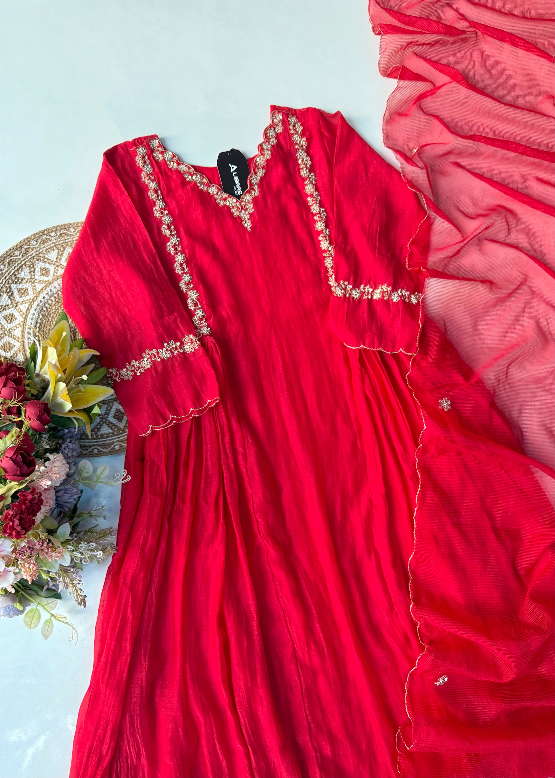 “Neha” karwa chauth Special Red Mul Chanderi Anarkali Kurta Set