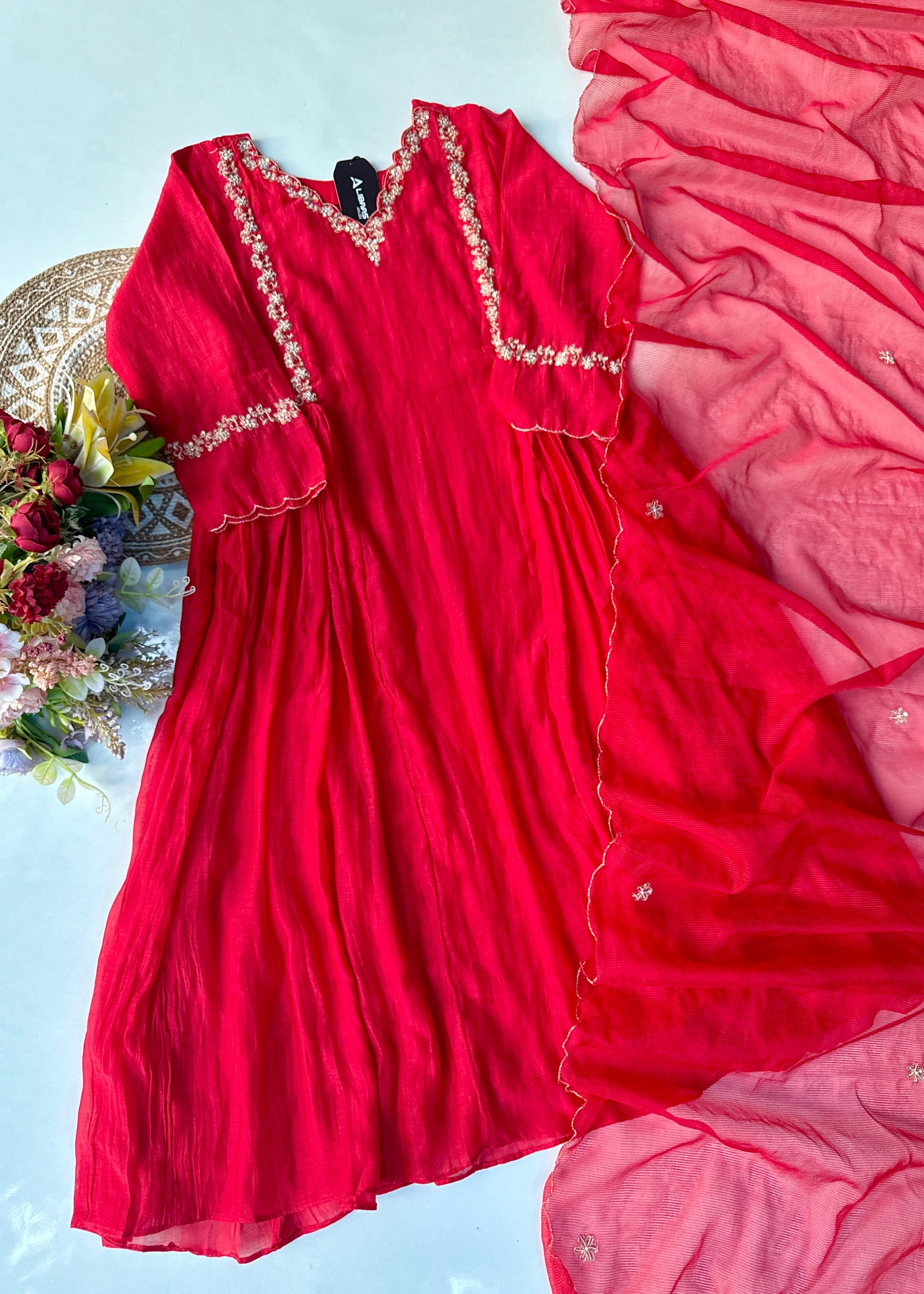 “Neha” karwa chauth Special Red Mul Chanderi Anarkali Kurta Set