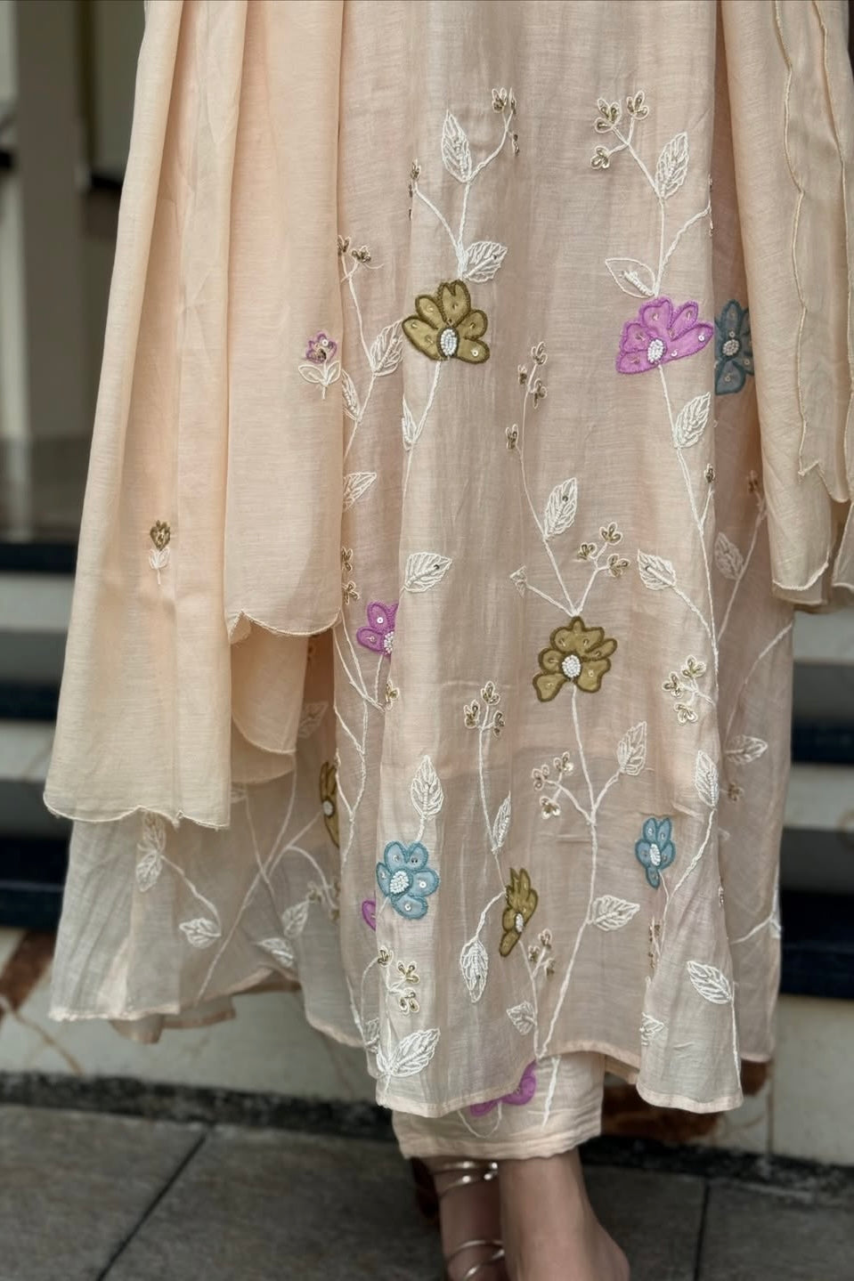 “Thread” Premium Beige Mul Chanderi A Line kurta set