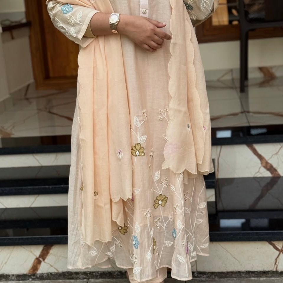 “Thread” Premium Beige Mul Chanderi A Line kurta set