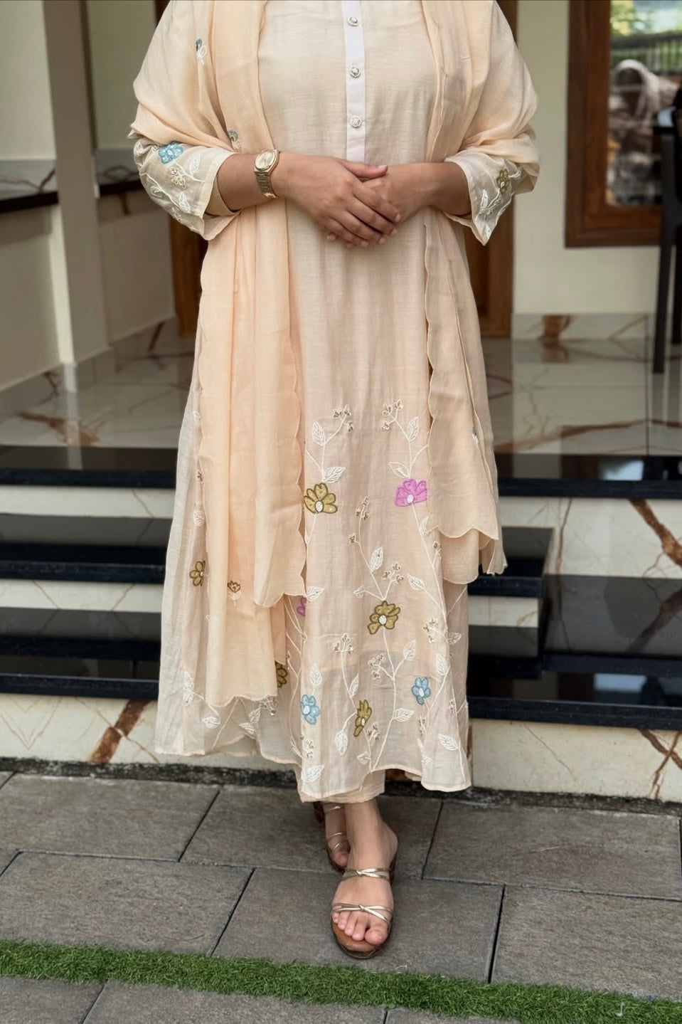 “Thread” Premium Beige Mul Chanderi A Line kurta set