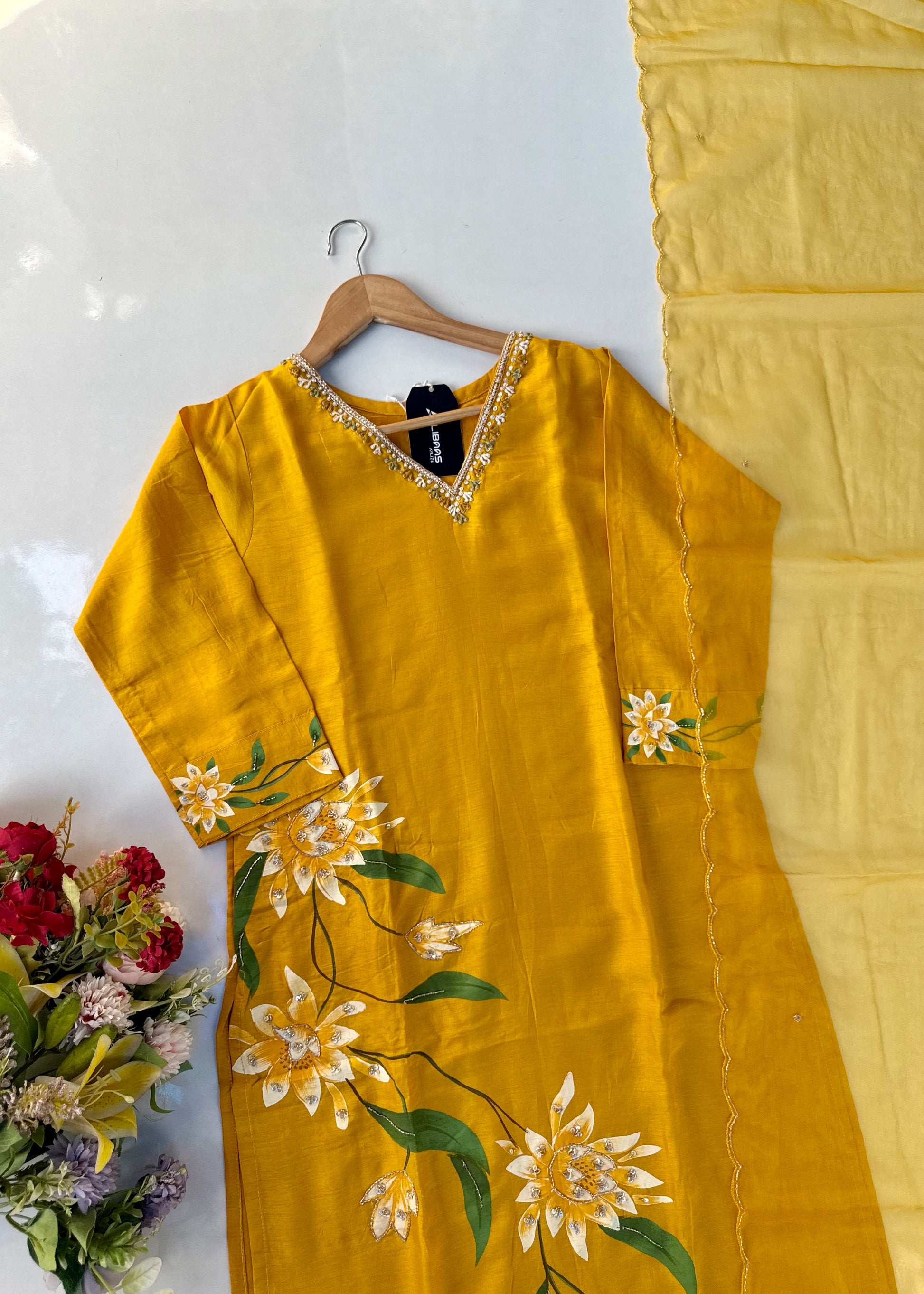 “Yeefa” Mustard Yellow dola silk hand print kurta set