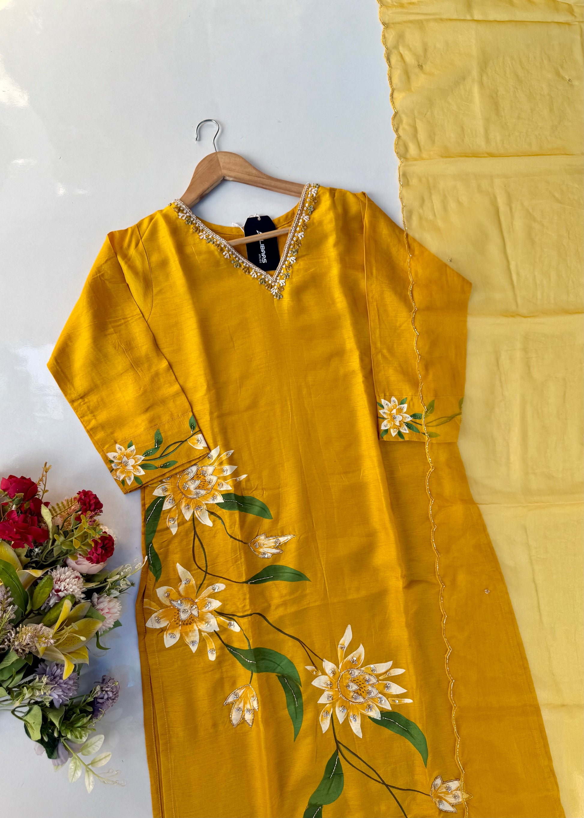 “Yeefa” Mustard Yellow dola silk hand print kurta set