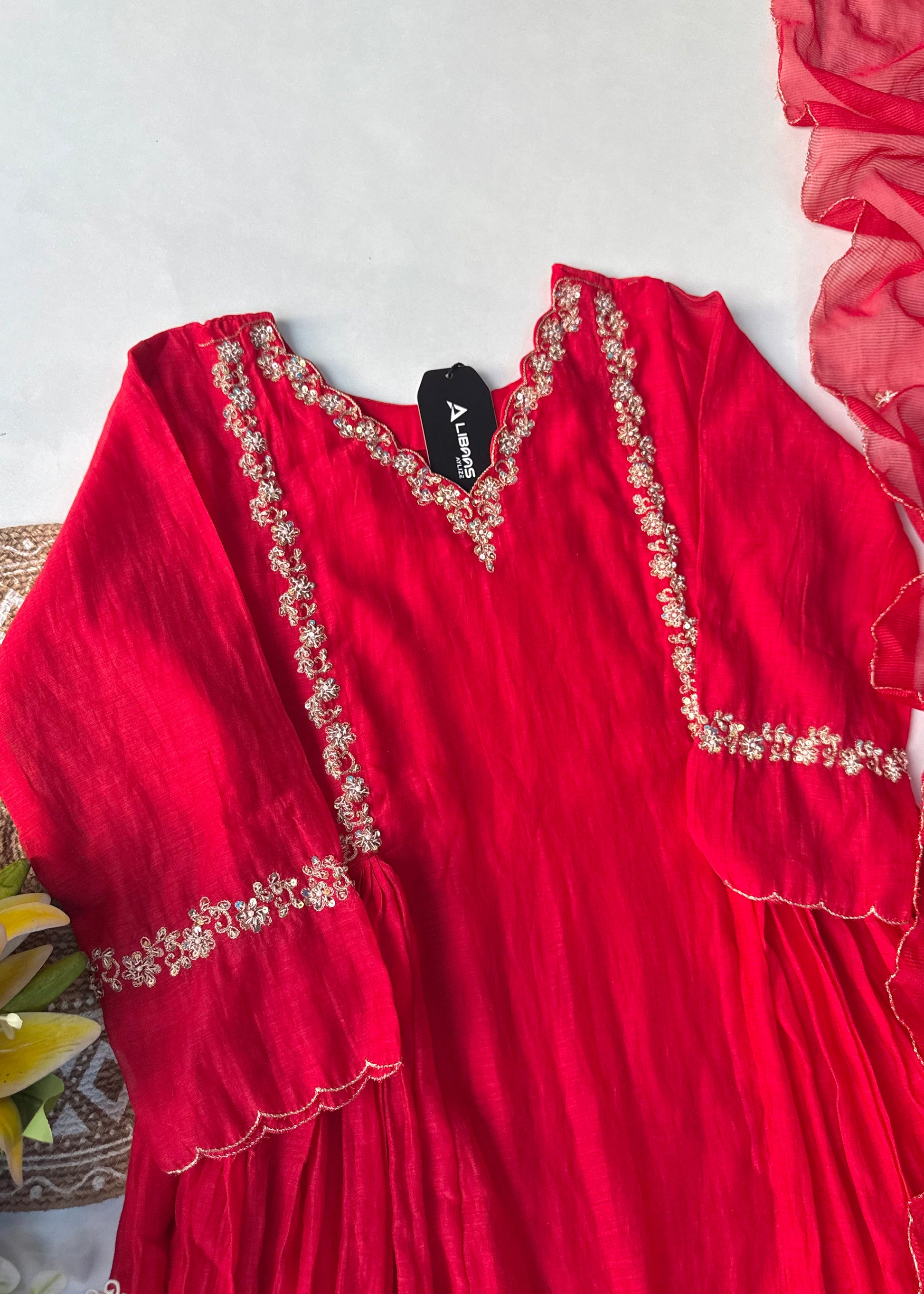“Neha” karwa chauth Special Red Mul Chanderi Anarkali Kurta Set