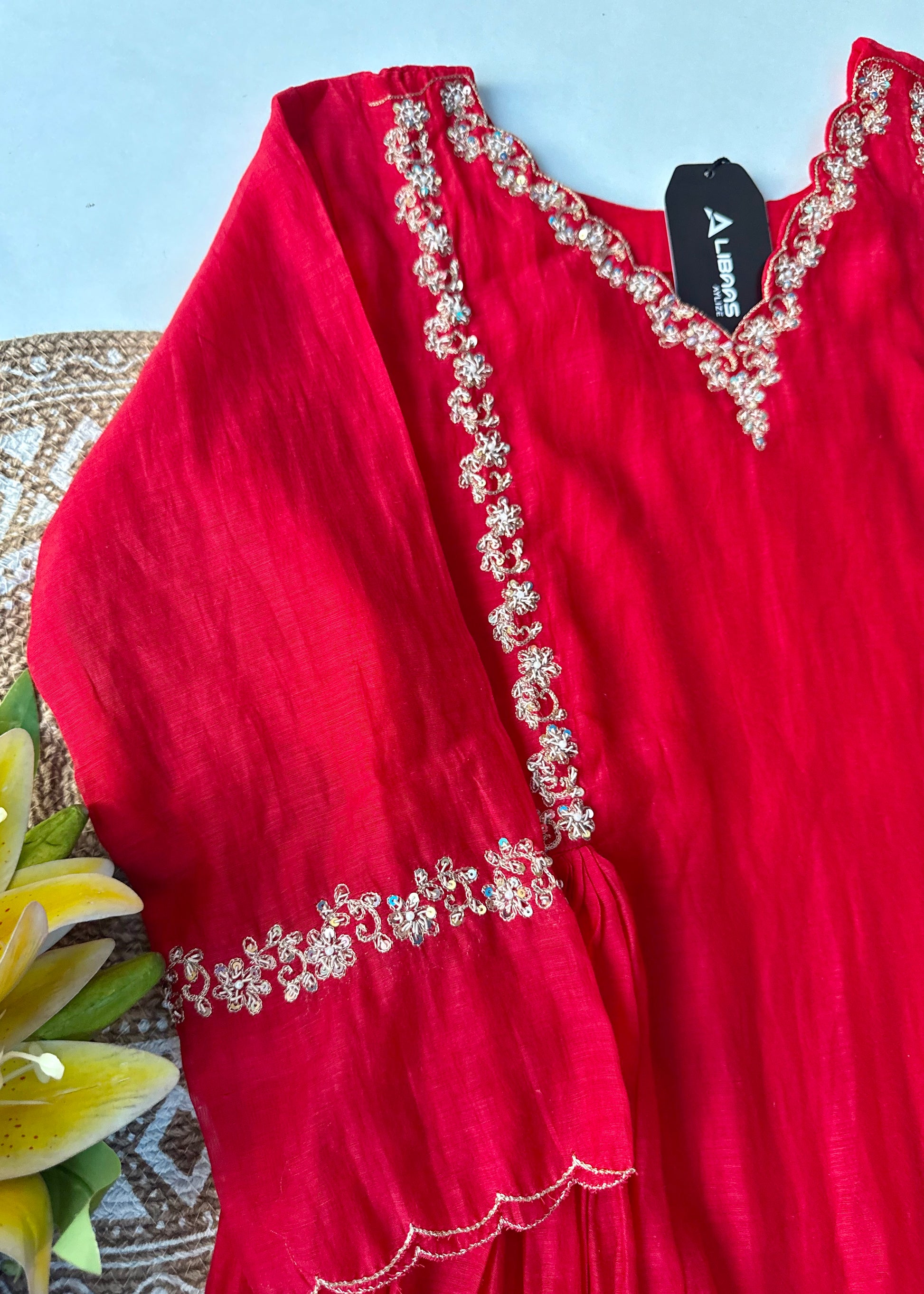 “Neha” karwa chauth Special Red Mul Chanderi Anarkali Kurta Set