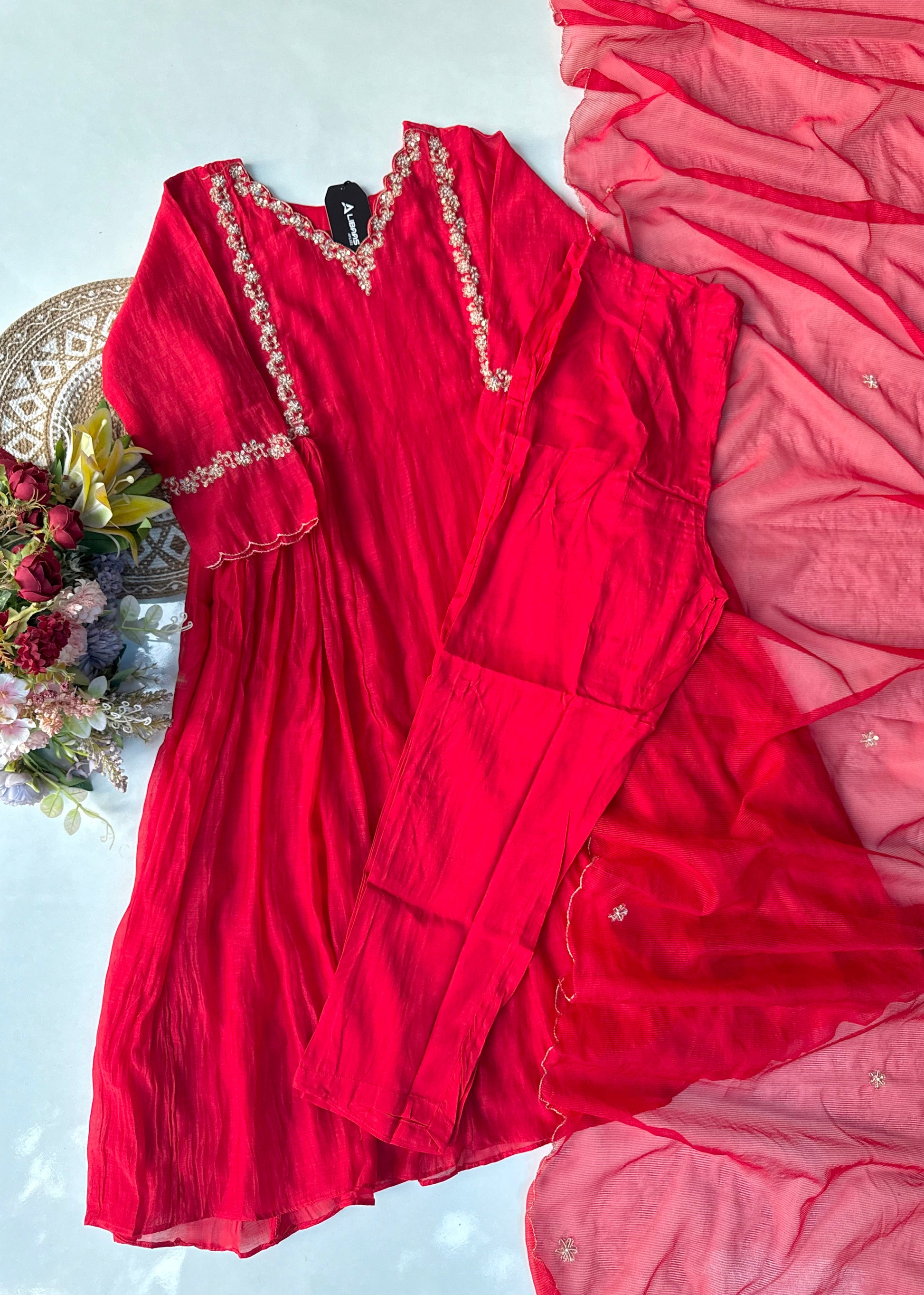 “Neha” karwa chauth Special Red Mul Chanderi Anarkali Kurta Set