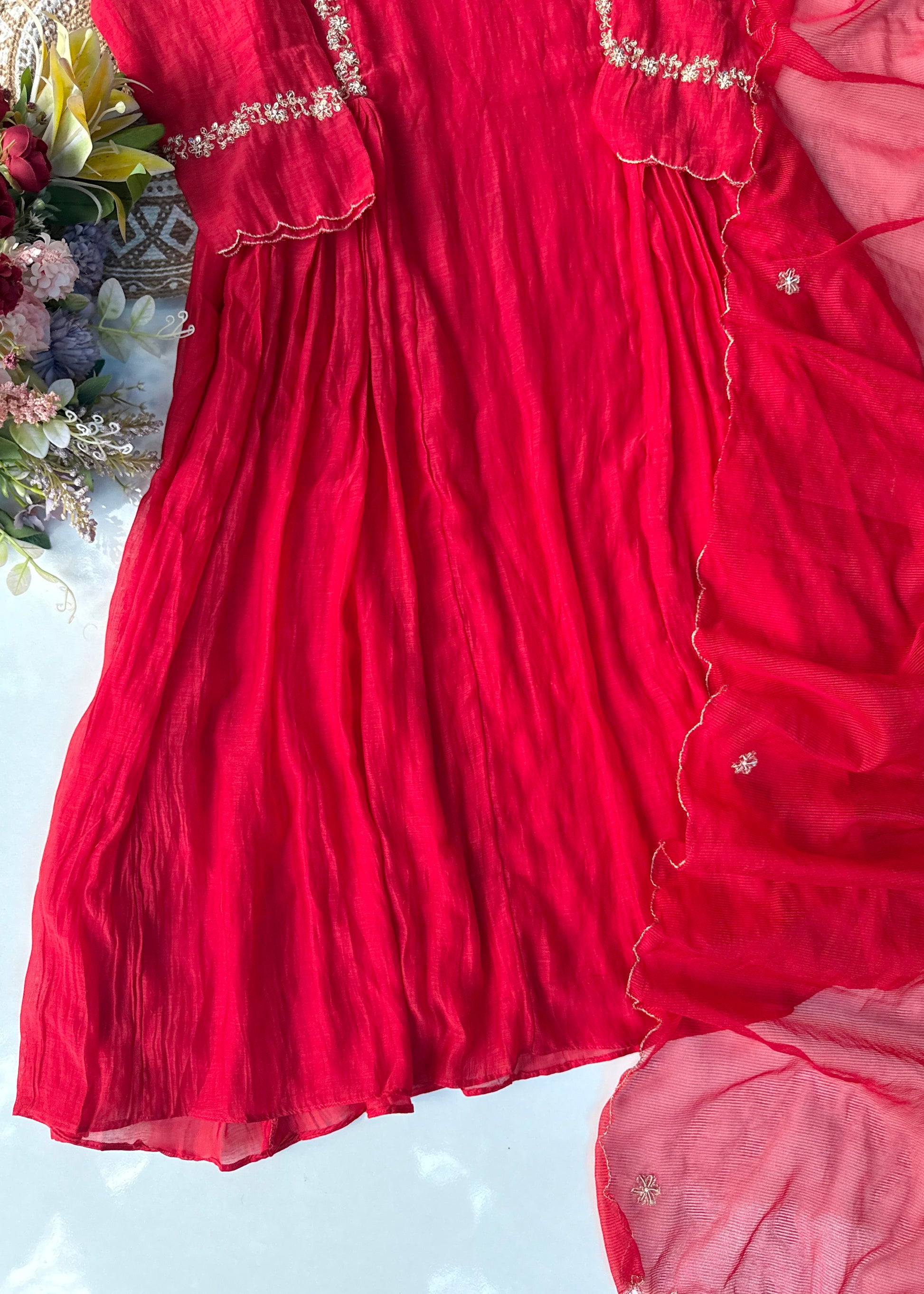 “Neha” karwa chauth Special Red Mul Chanderi Anarkali Kurta Set