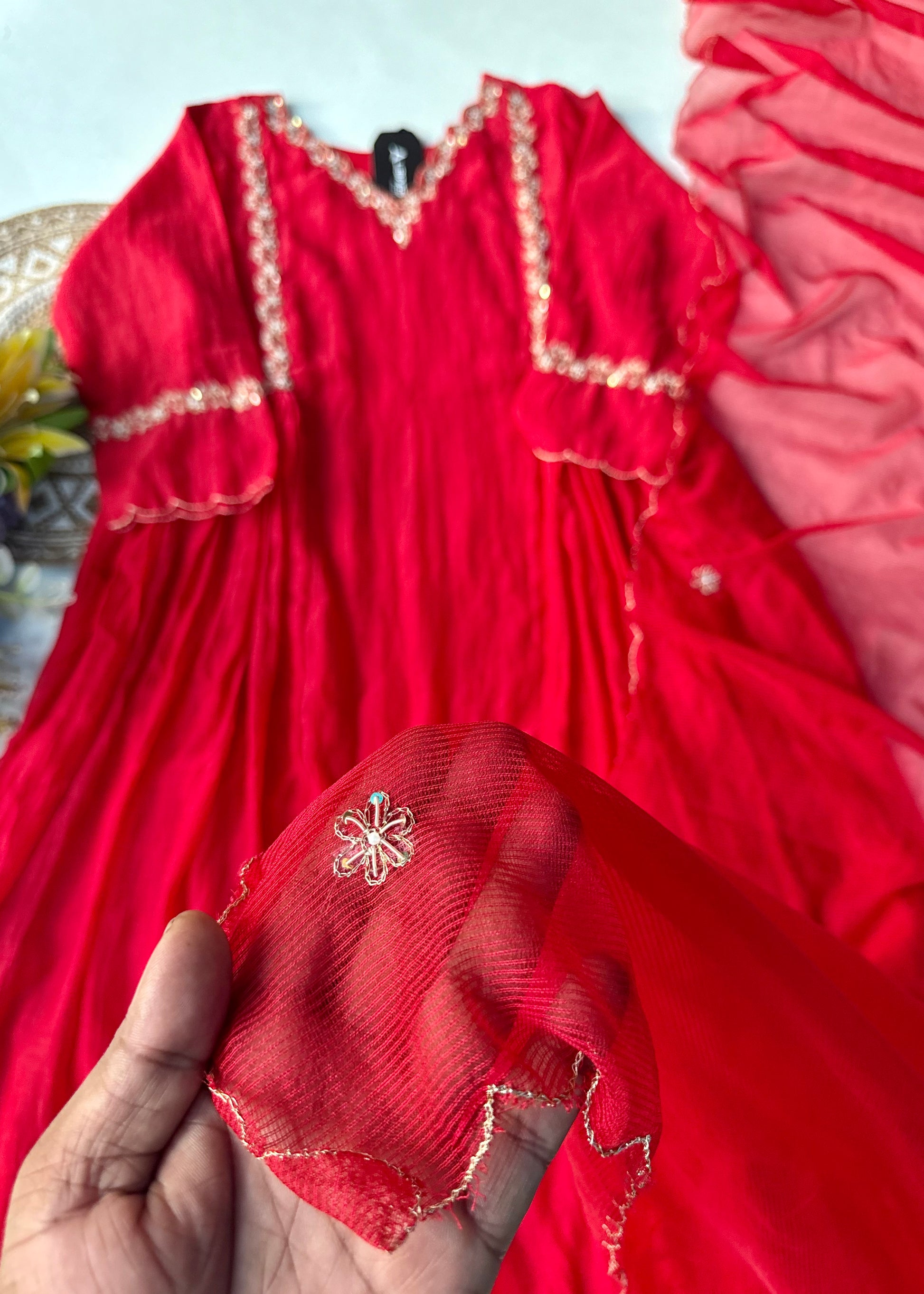 “Neha” karwa chauth Special Red Mul Chanderi Anarkali Kurta Set
