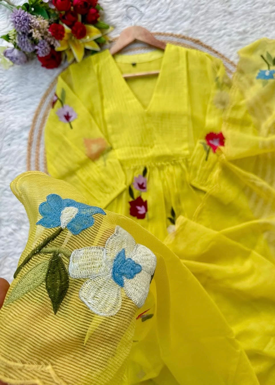 “IFRA” Cheerful yellow Mul Chanderi party wear anarkali kurta set