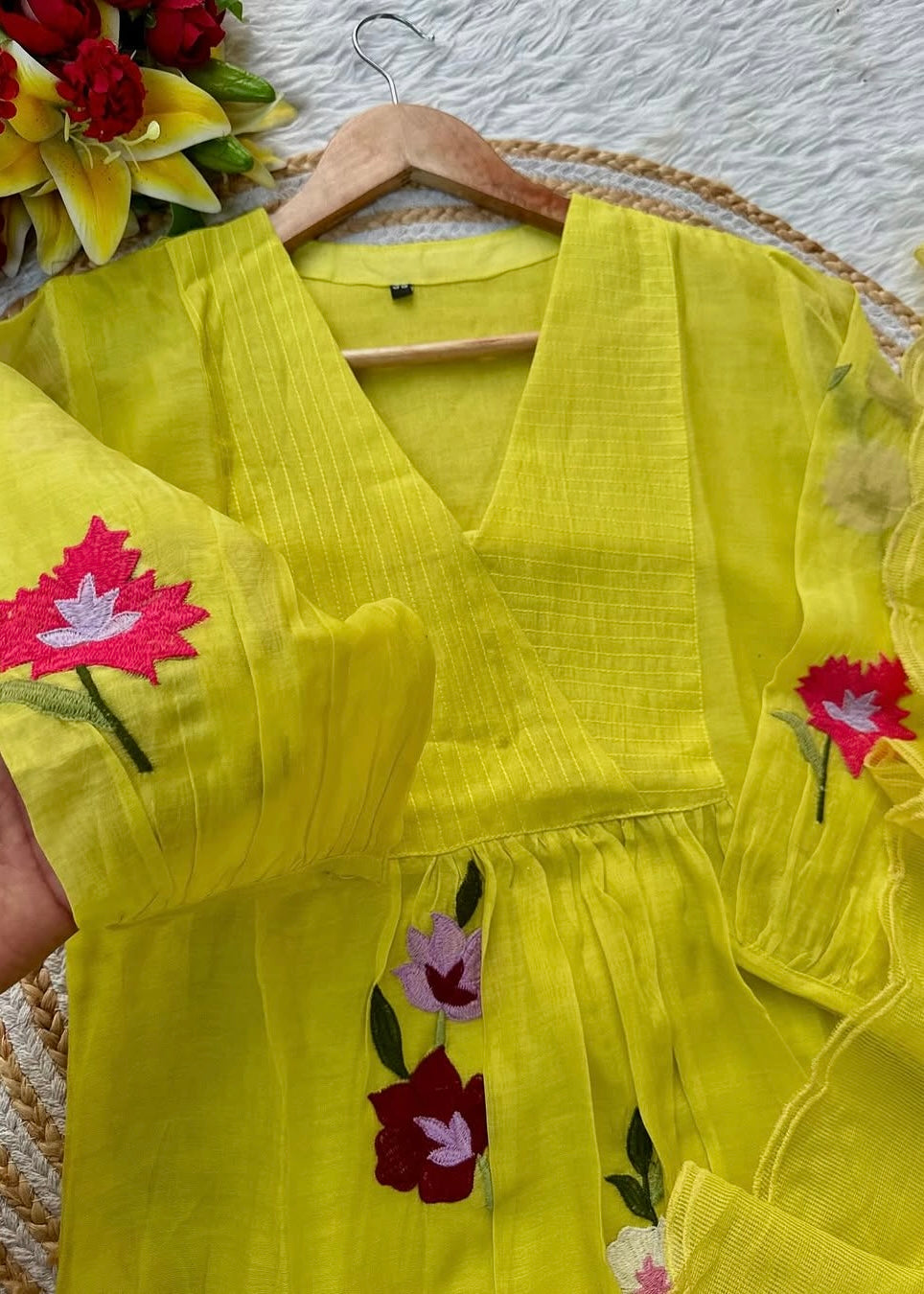 “IFRA” Cheerful yellow Mul Chanderi party wear anarkali kurta set