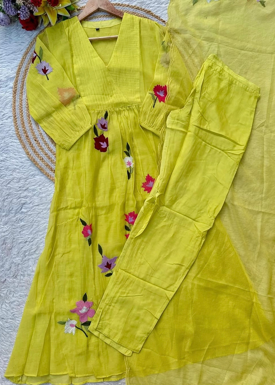 “IFRA” Cheerful yellow Mul Chanderi party wear anarkali kurta set
