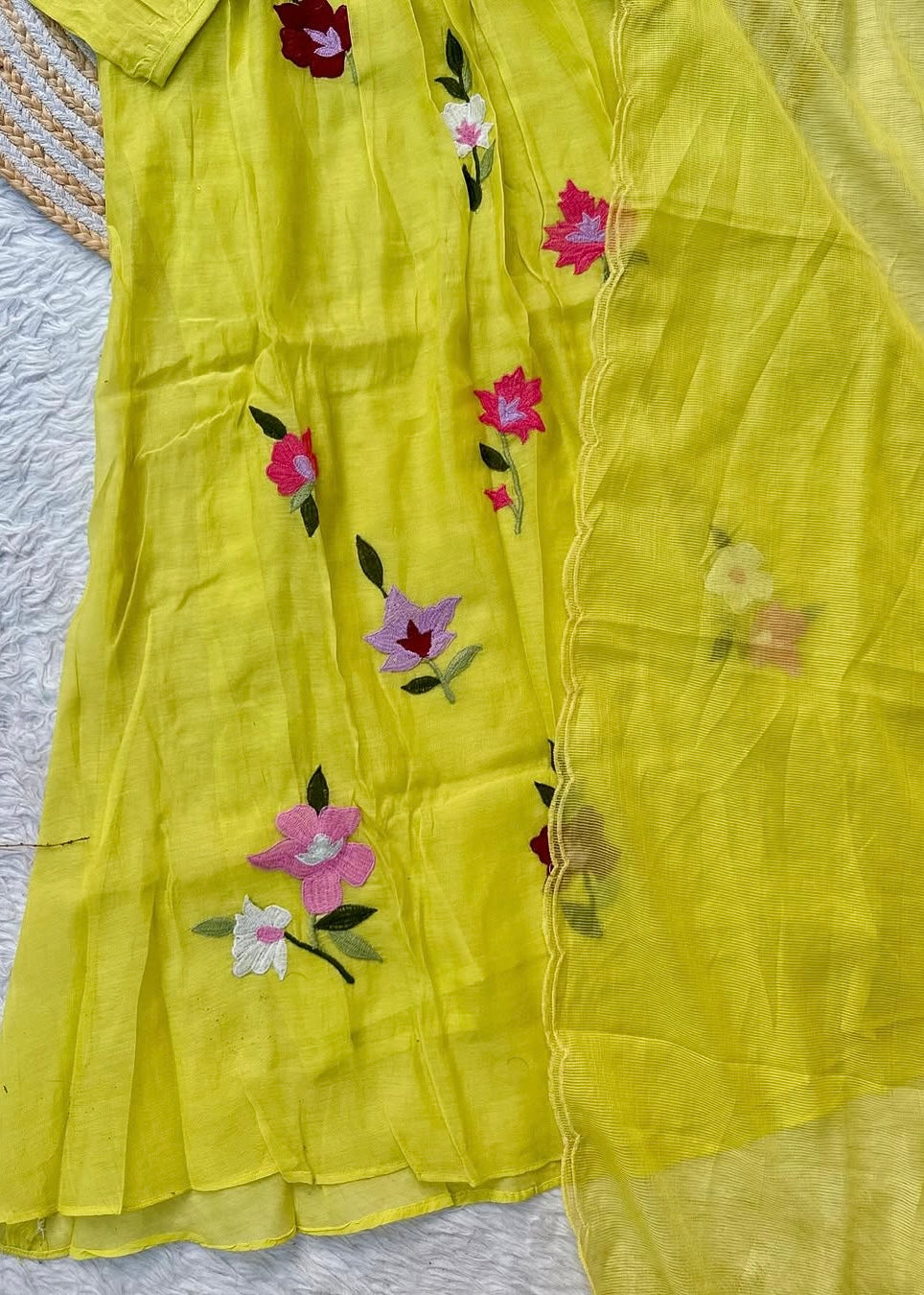 “IFRA” Cheerful yellow Mul Chanderi party wear anarkali kurta set