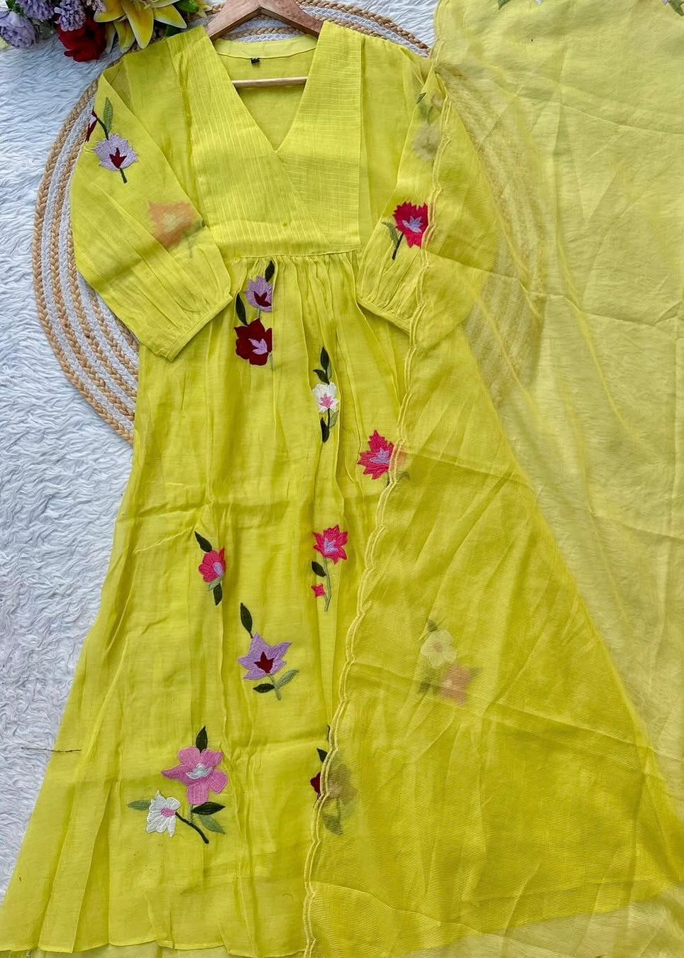 “IFRA” Cheerful yellow Mul Chanderi party wear anarkali kurta set