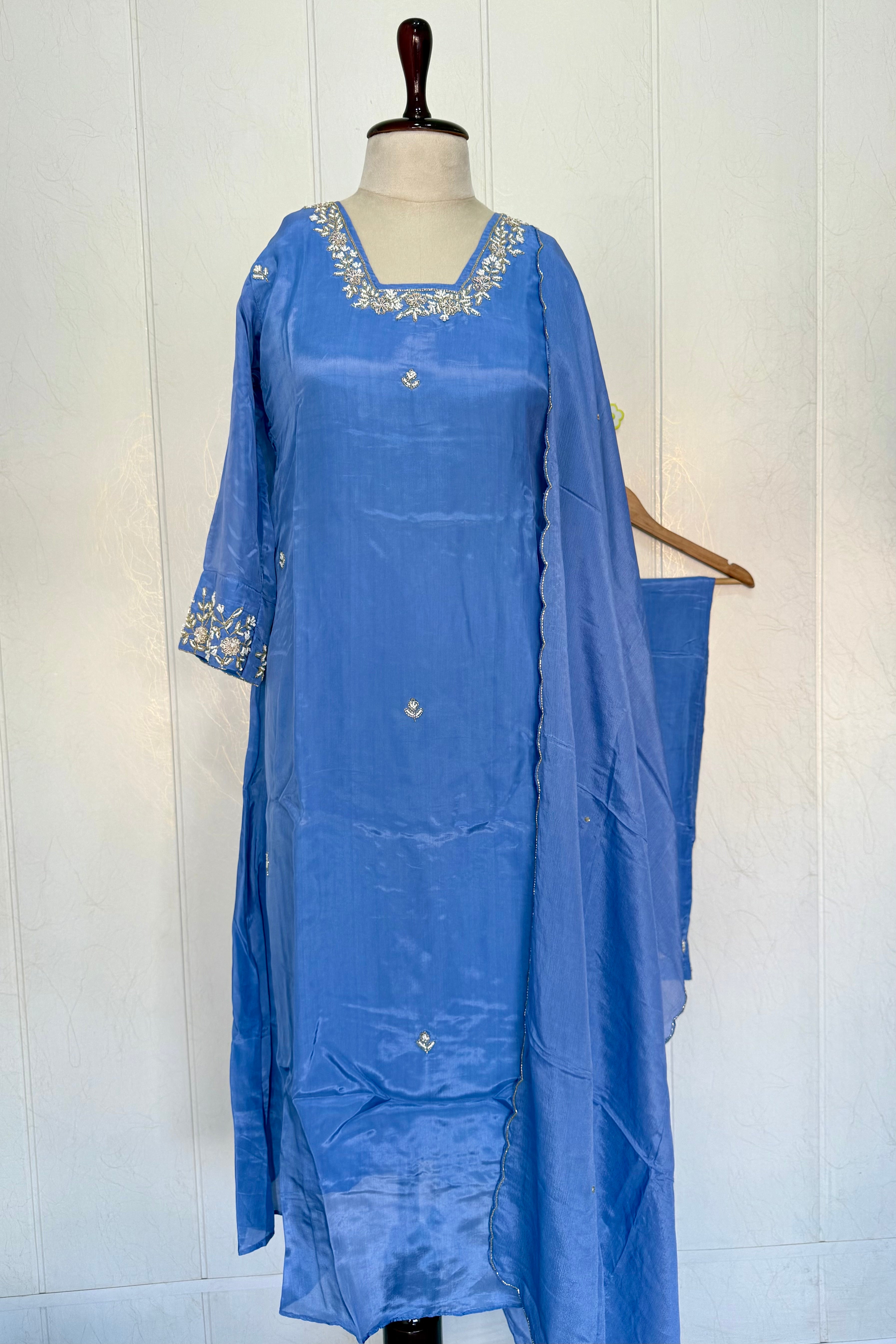 “Inayat” Premium Chinnon handcrafted A- Line  kurta set